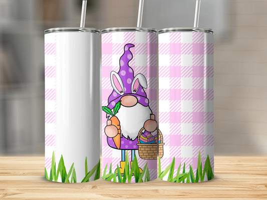 Three tumblers with a gnome wearing bunny ears holding a carrot.
