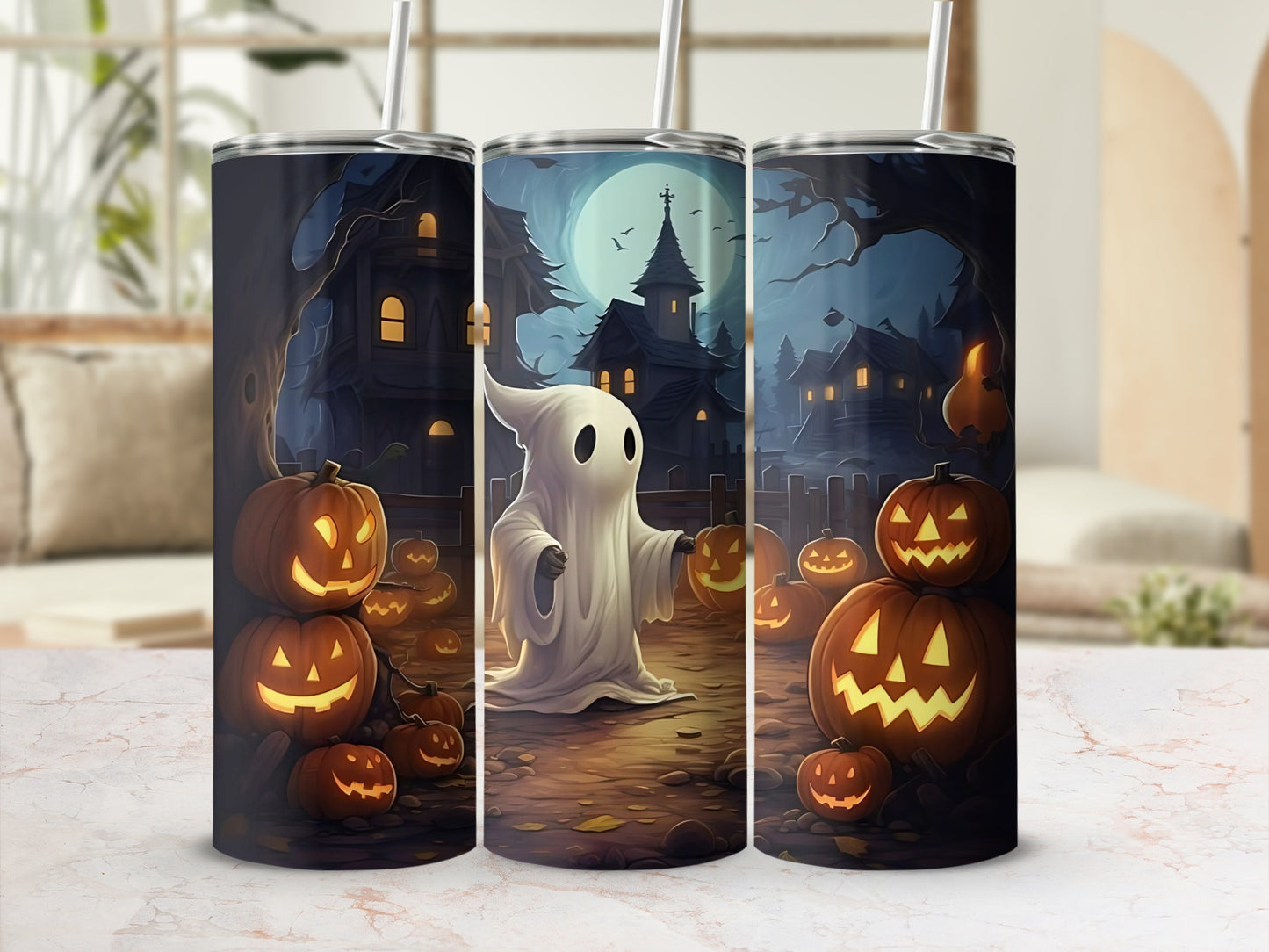 Spooky Halloween Ghost and Pumpkin Scene Drinkware