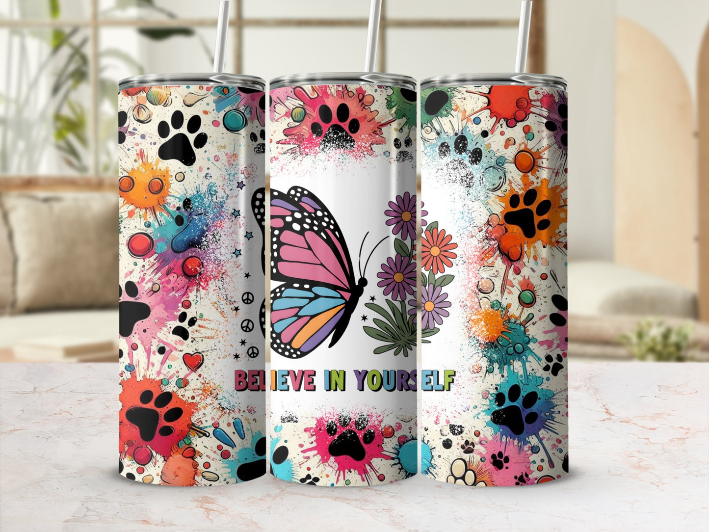 Believe In Yourself Colorful Paw Print Design Tumbler