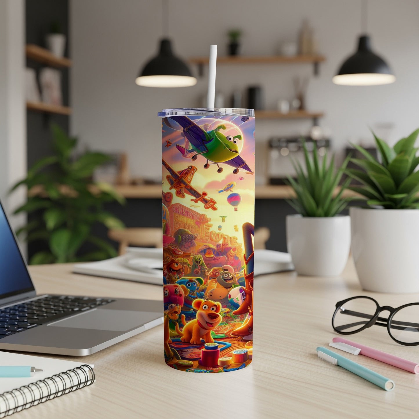 Cartoon airplane and animal characters on a colorful tumbler design.