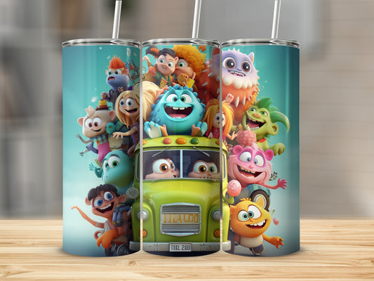 Cartoon monsters and kids piled on a yellow bus with text "Moo Moo" and "Tarl Zoo."