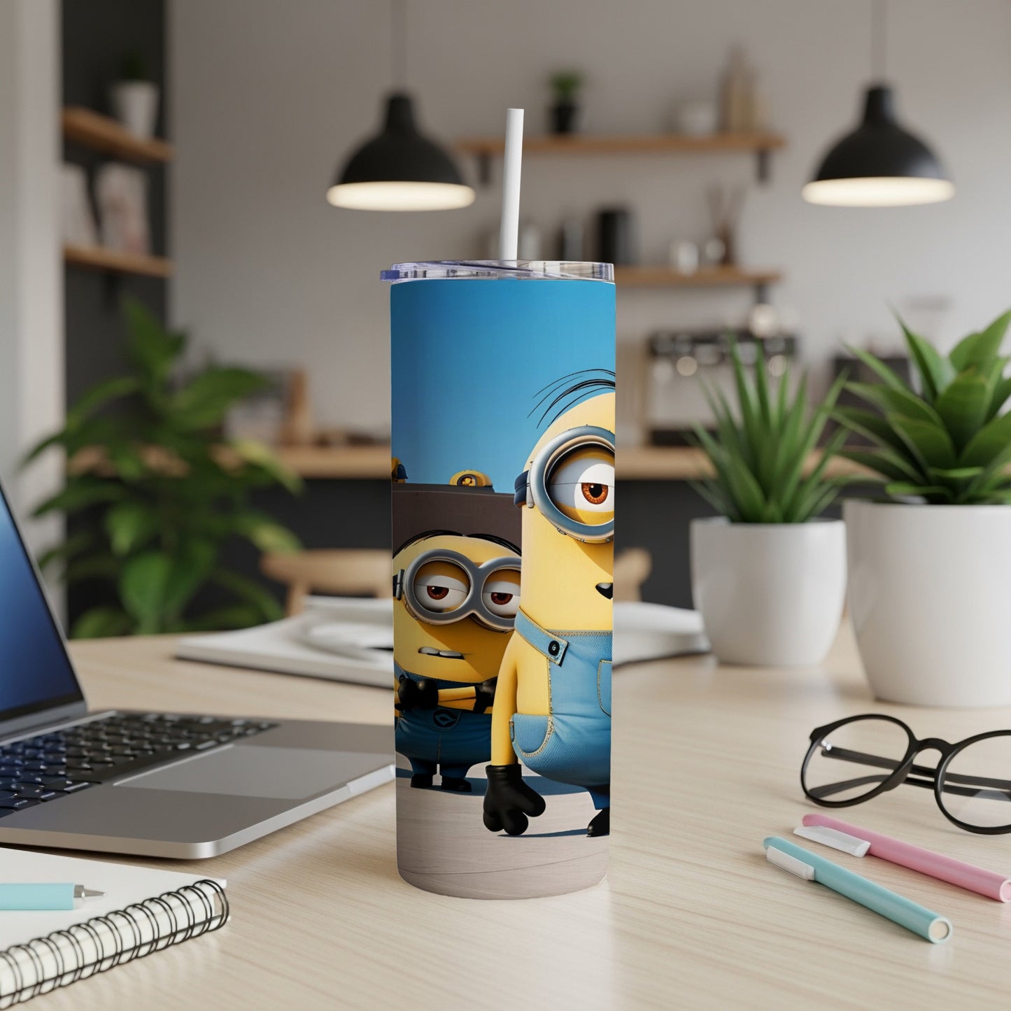 Two Minions in denim overalls on a blue background, on a skinny tumbler.