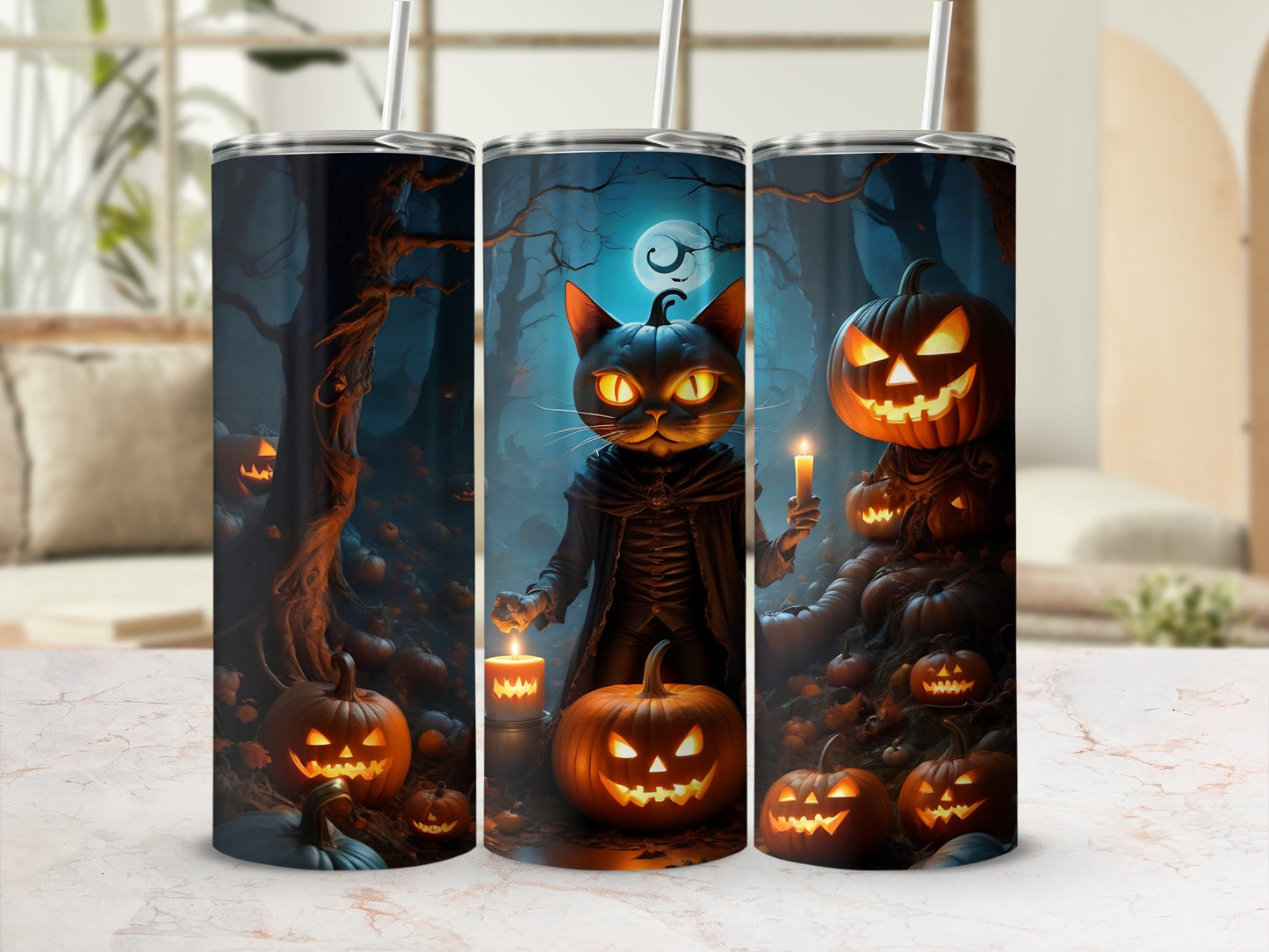 Spooky Halloween Cat and Pumpkins Design Tumbler