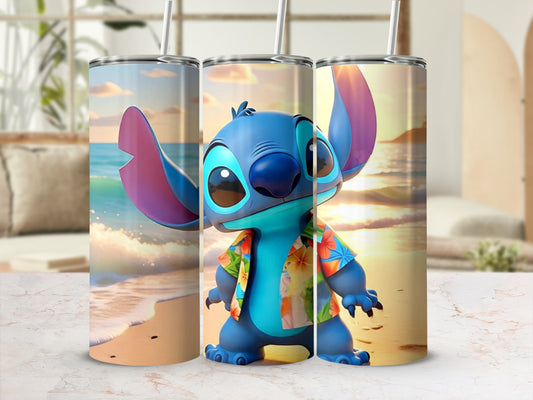 Adorable Blue Character on Beach Custom Tumbler