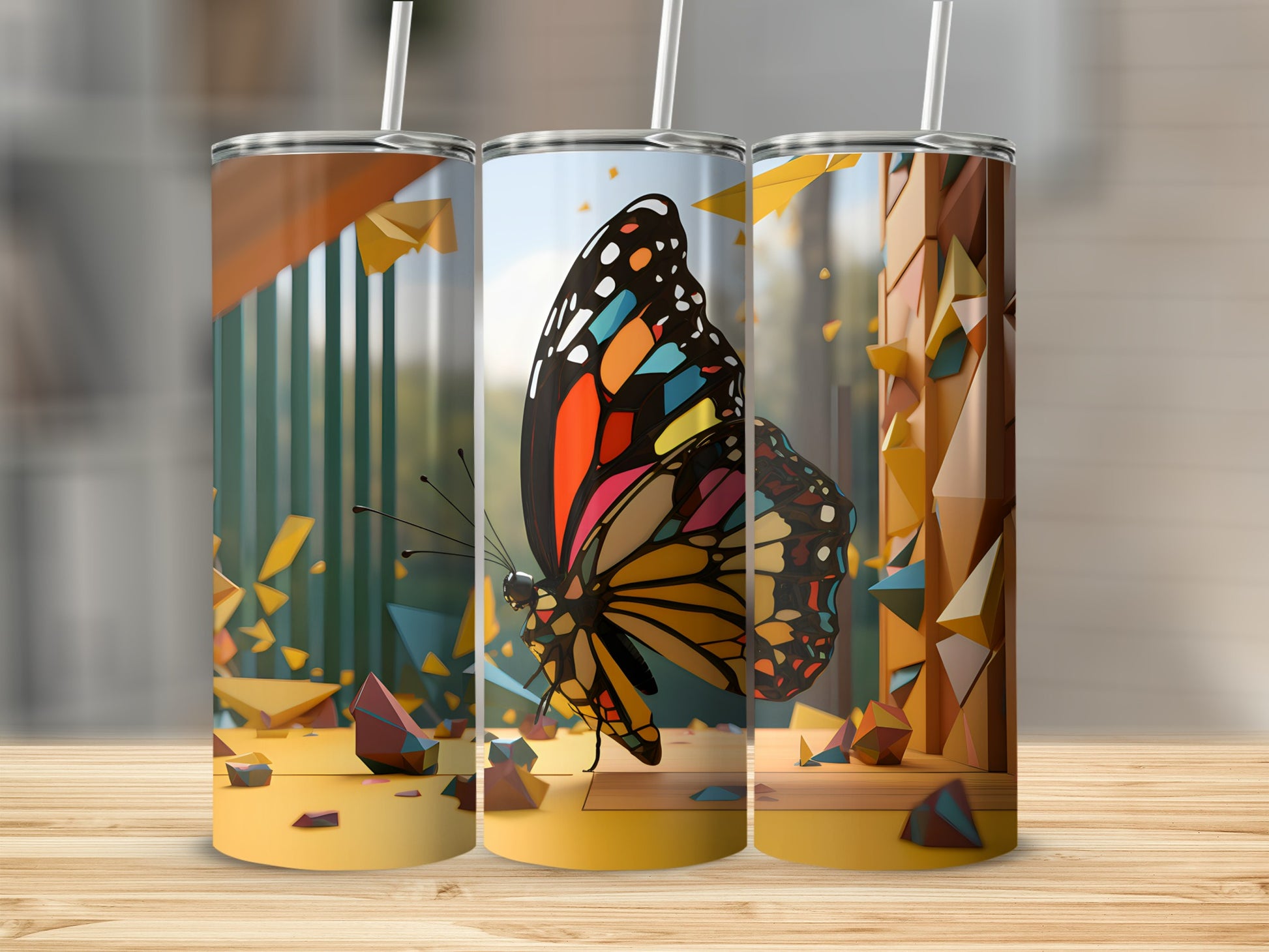 Butterfly tumbler with colorful geometric fragments and abstract background.