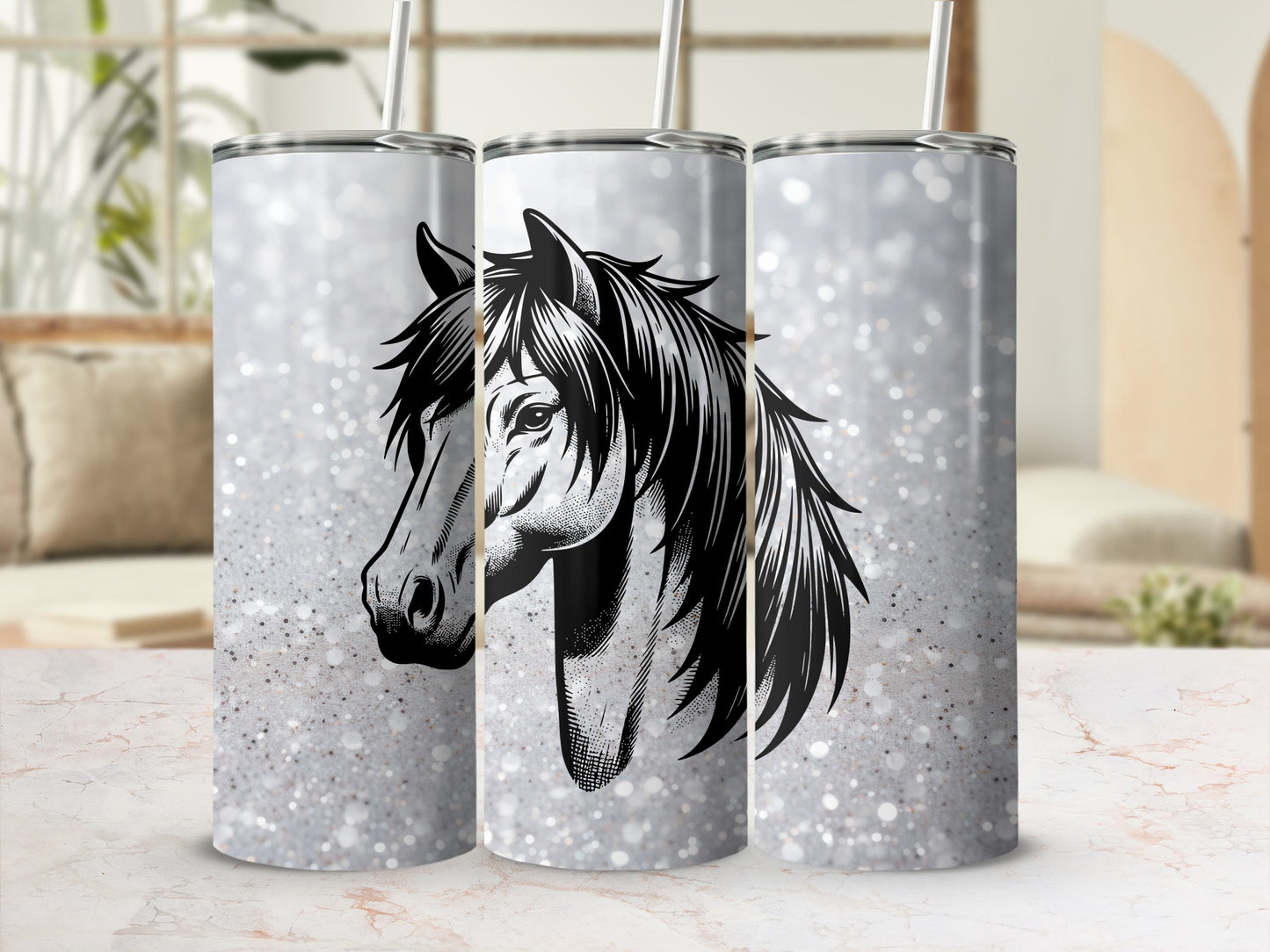 Three tumblers featuring a black and white horse head design on a glitter background.