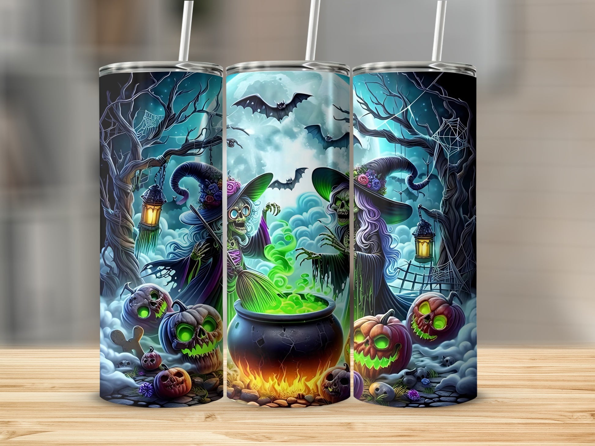 Three Halloween-themed tumblers with witches, pumpkins, bats, and cauldrons under a full moon.
