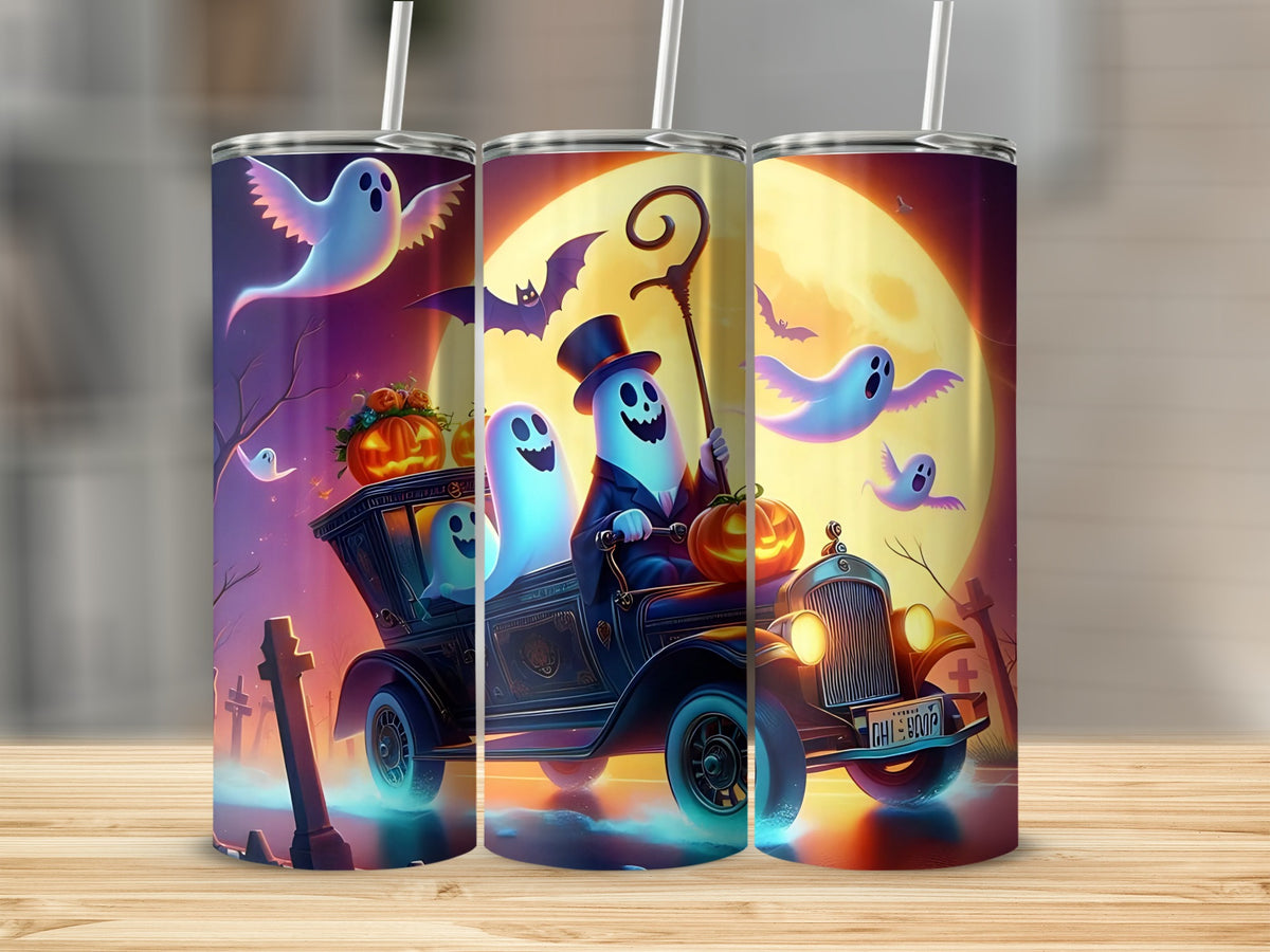Halloween-themed tumbler with ghosts, pumpkins, and bats driving a vintage car.