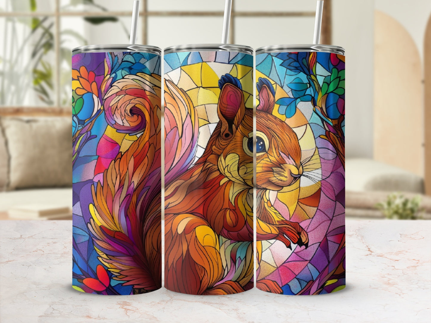Stained glass squirrel tumbler with colorful mosaic background and straw.