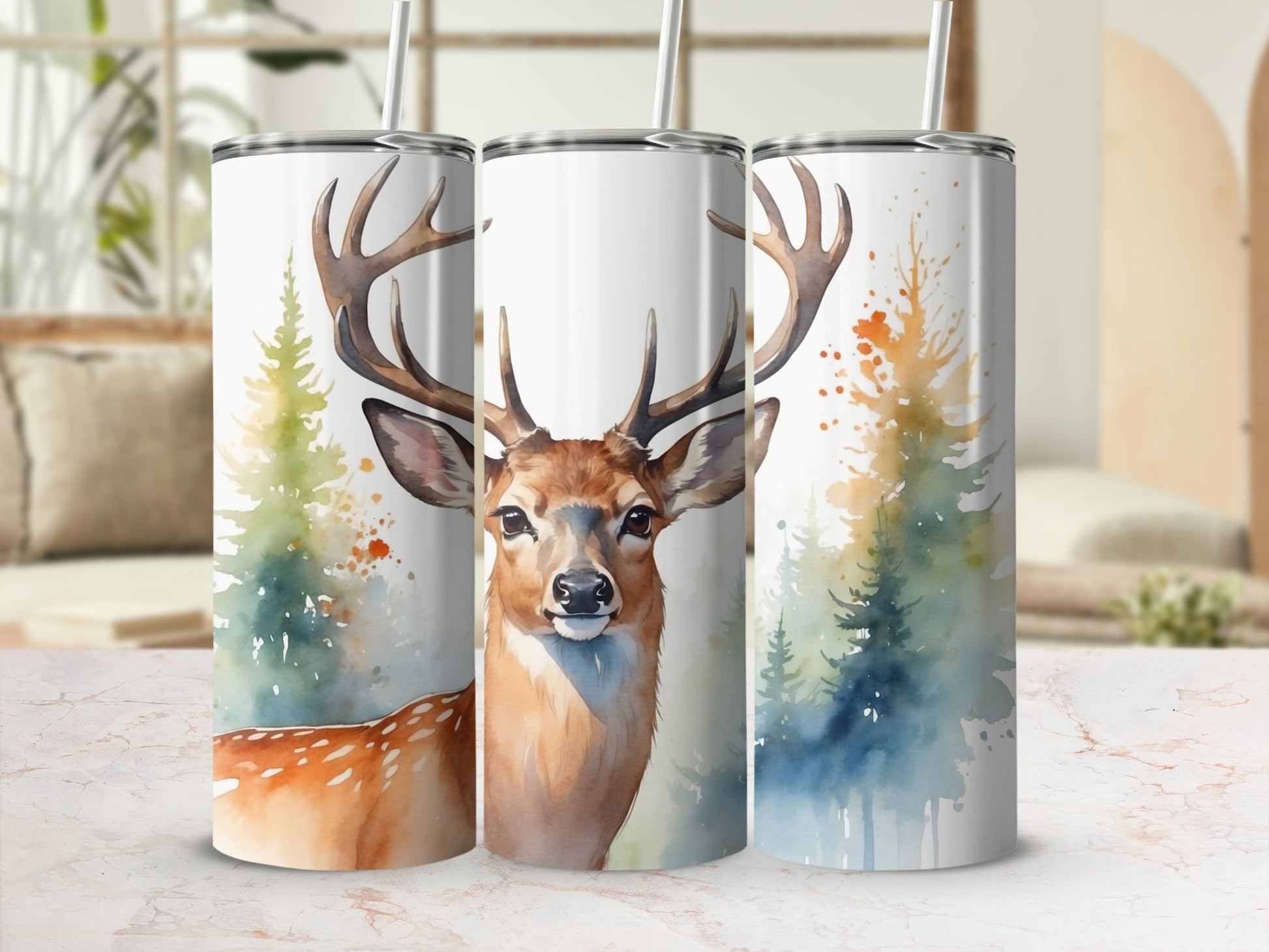 Deer with antlers on watercolor forest background, three tumblers.