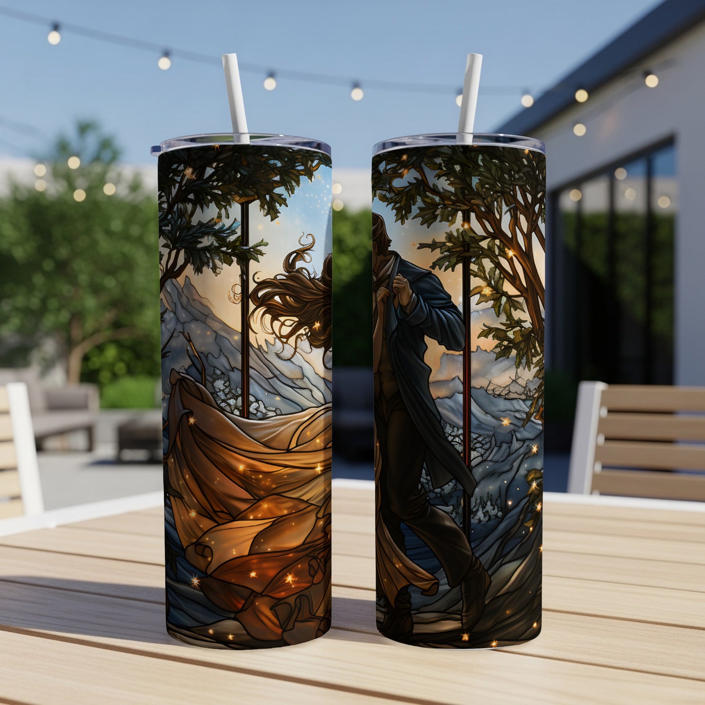 Couple embracing outdoors at sunset with starry sky, on two tumblers.
