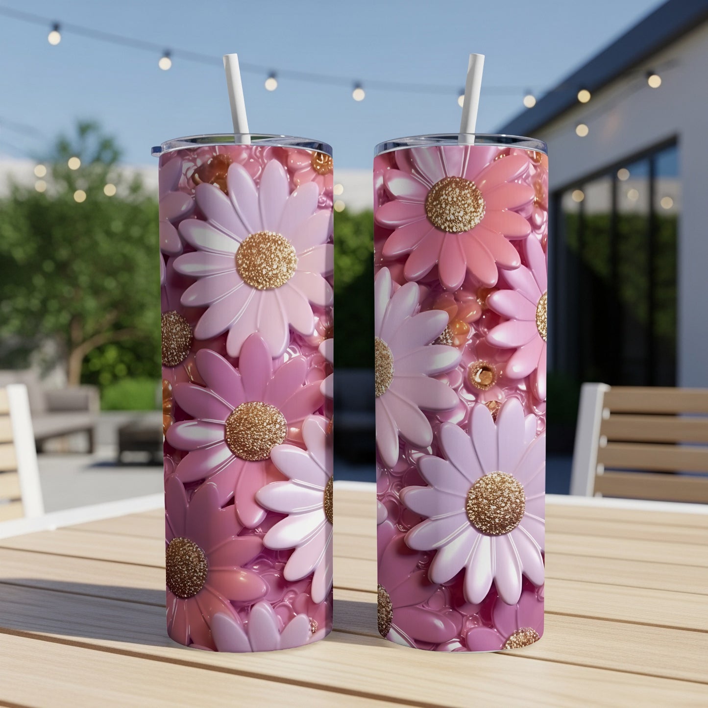 Two pink and gold daisy print tumblers with straws on a table.
