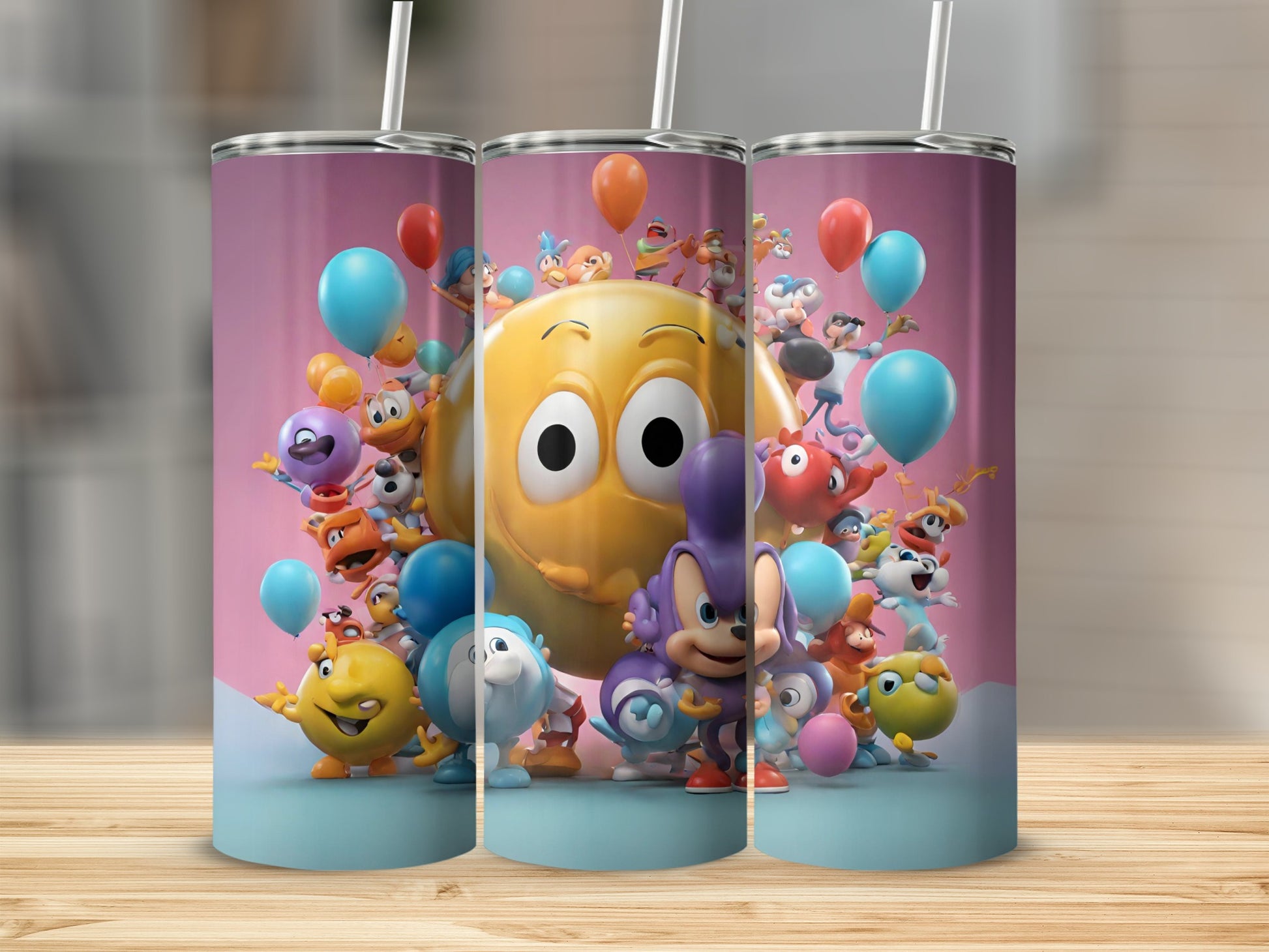 Colorful Cartoon Characters with Balloons Tumbler