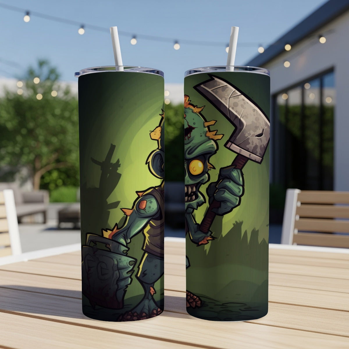 Two tumblers featuring a cartoon zombie holding an axe and a shield.