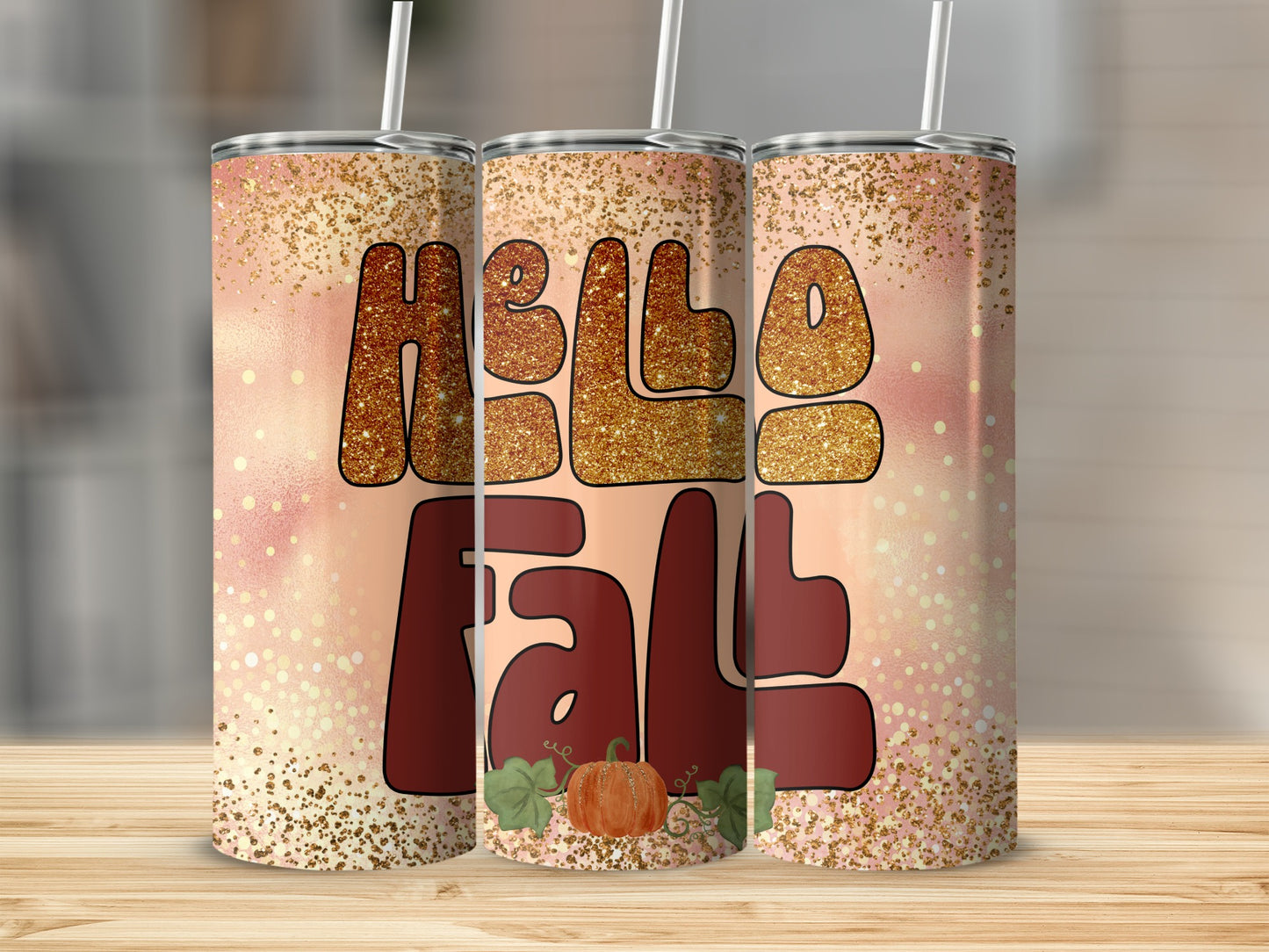 Triptych of tumblers with "Hello Fall" text and pumpkin graphic.