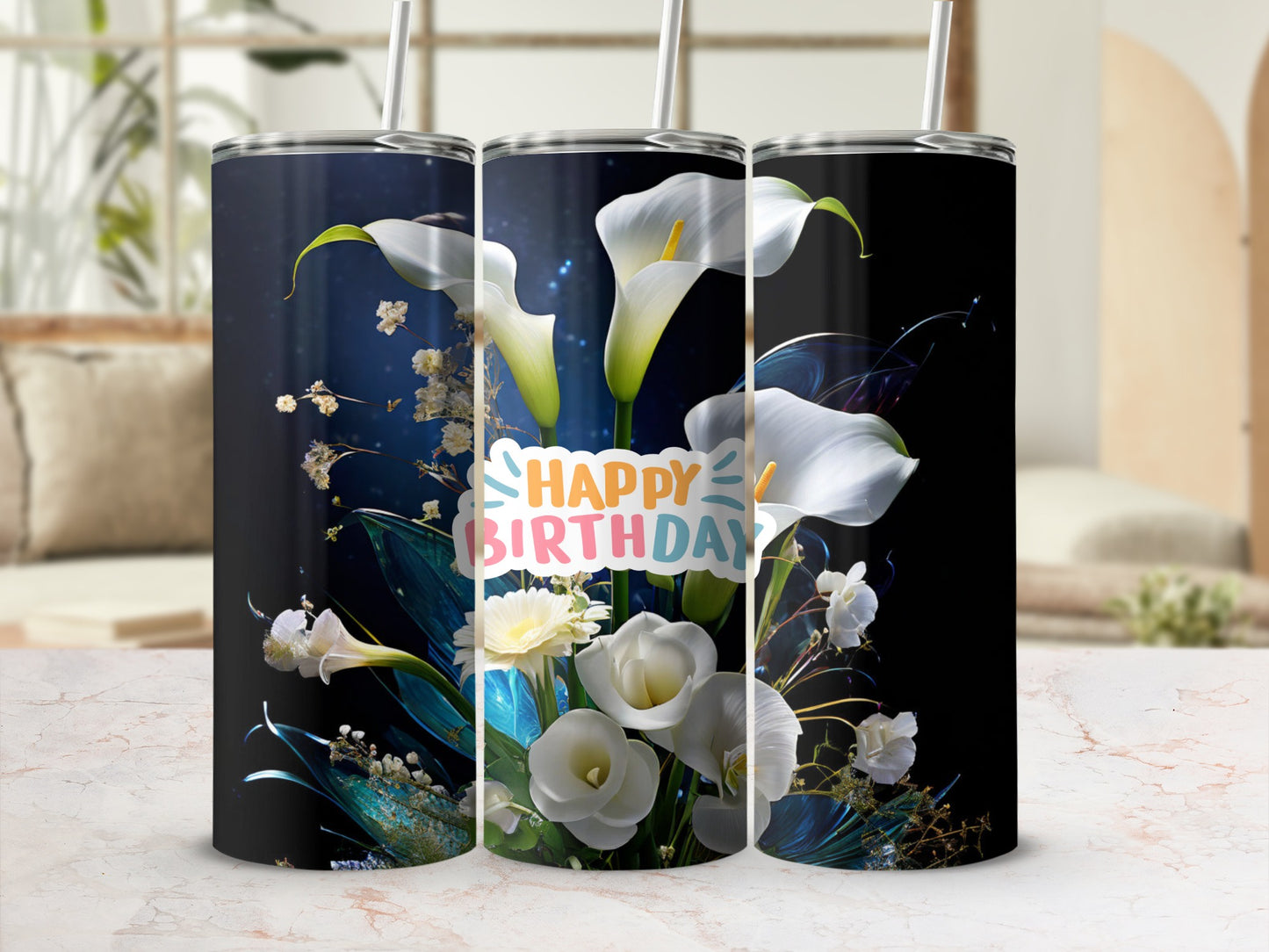 "Happy Birthday" tumbler with calla lilies and white flowers.