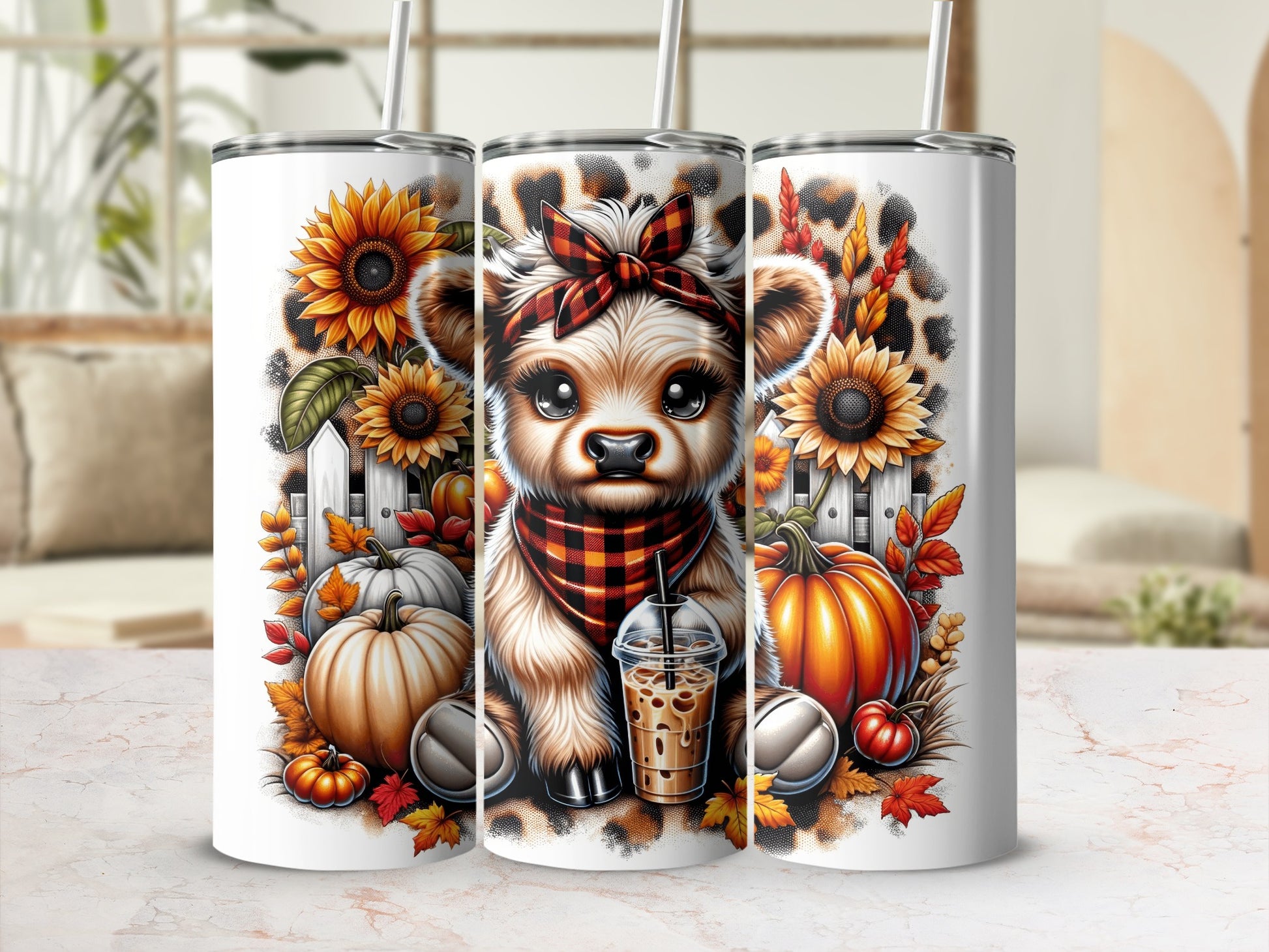 Three tumblers with cute puppy, sunflowers, pumpkins, and leopard print.