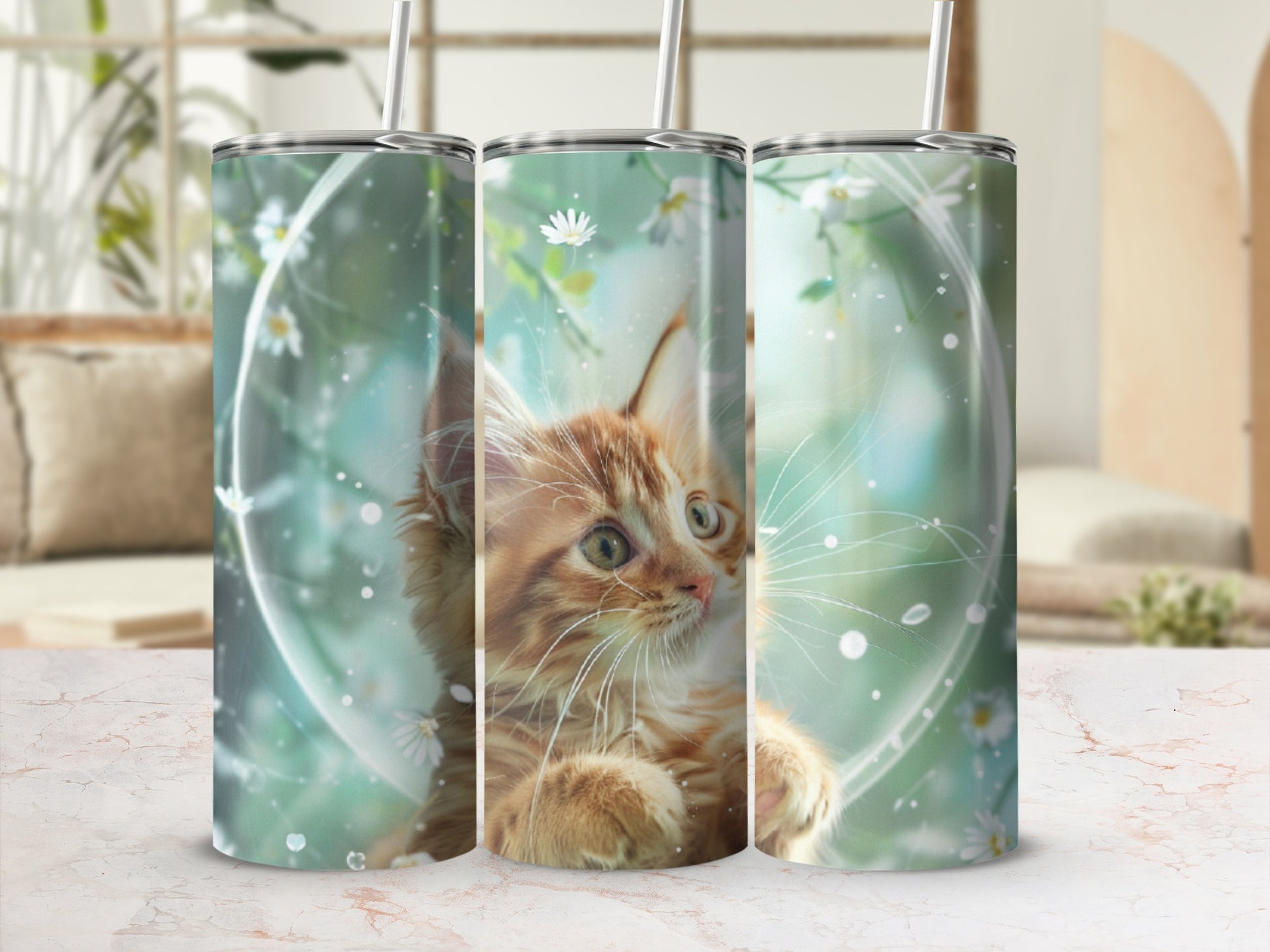 Orange kitten with daisies on a themed tumbler.