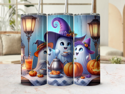 Three tumblers featuring cute ghosts in witch hats, pumpkins, and Halloween tea party scene.