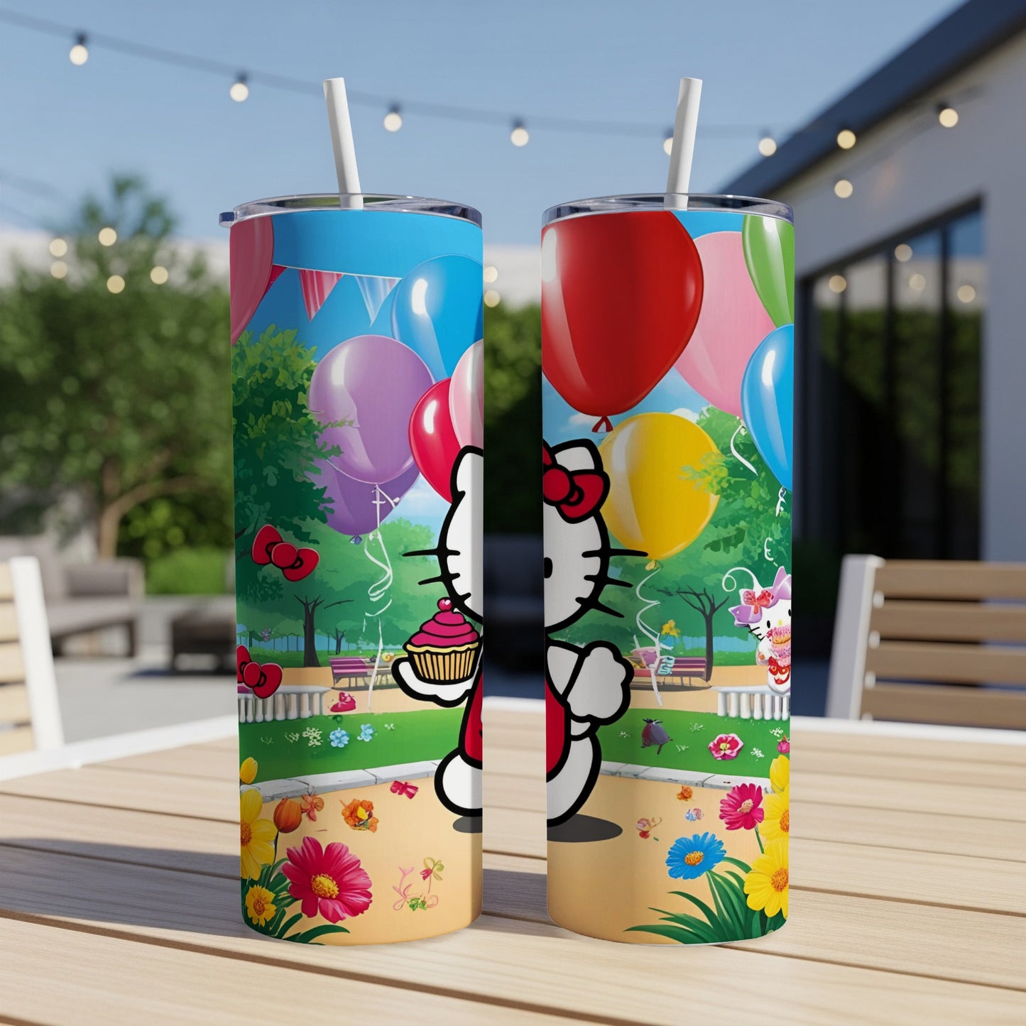 Hello Kitty holding a cupcake with balloons and flowers on a tumbler.