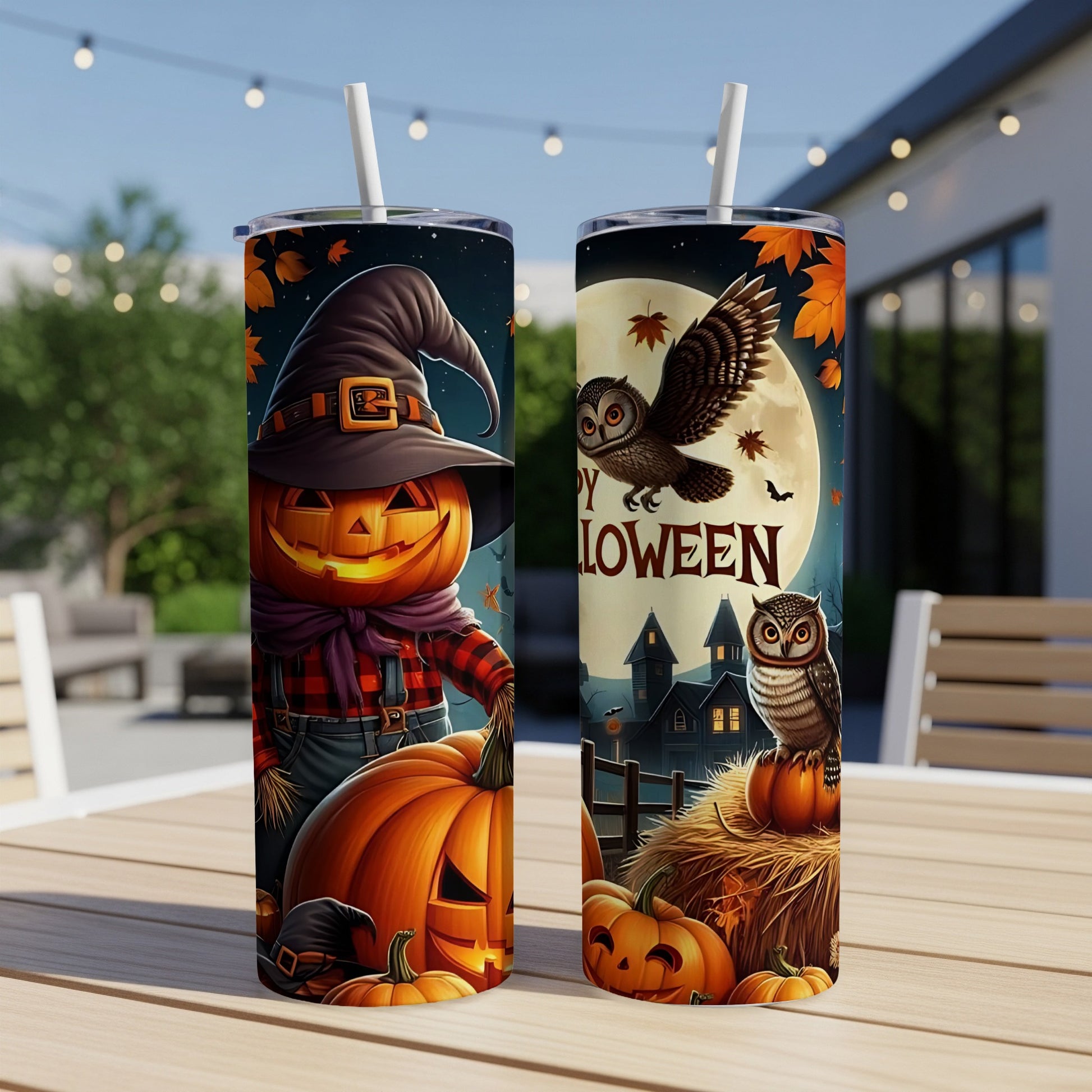 Two tumblers with Halloween designs, one with a scarecrow pumpkin, the other with owls and a haunted house.