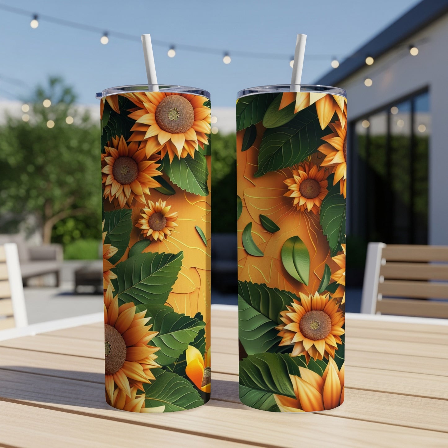 Two tumblers with a sunflower and leaf pattern on a table.