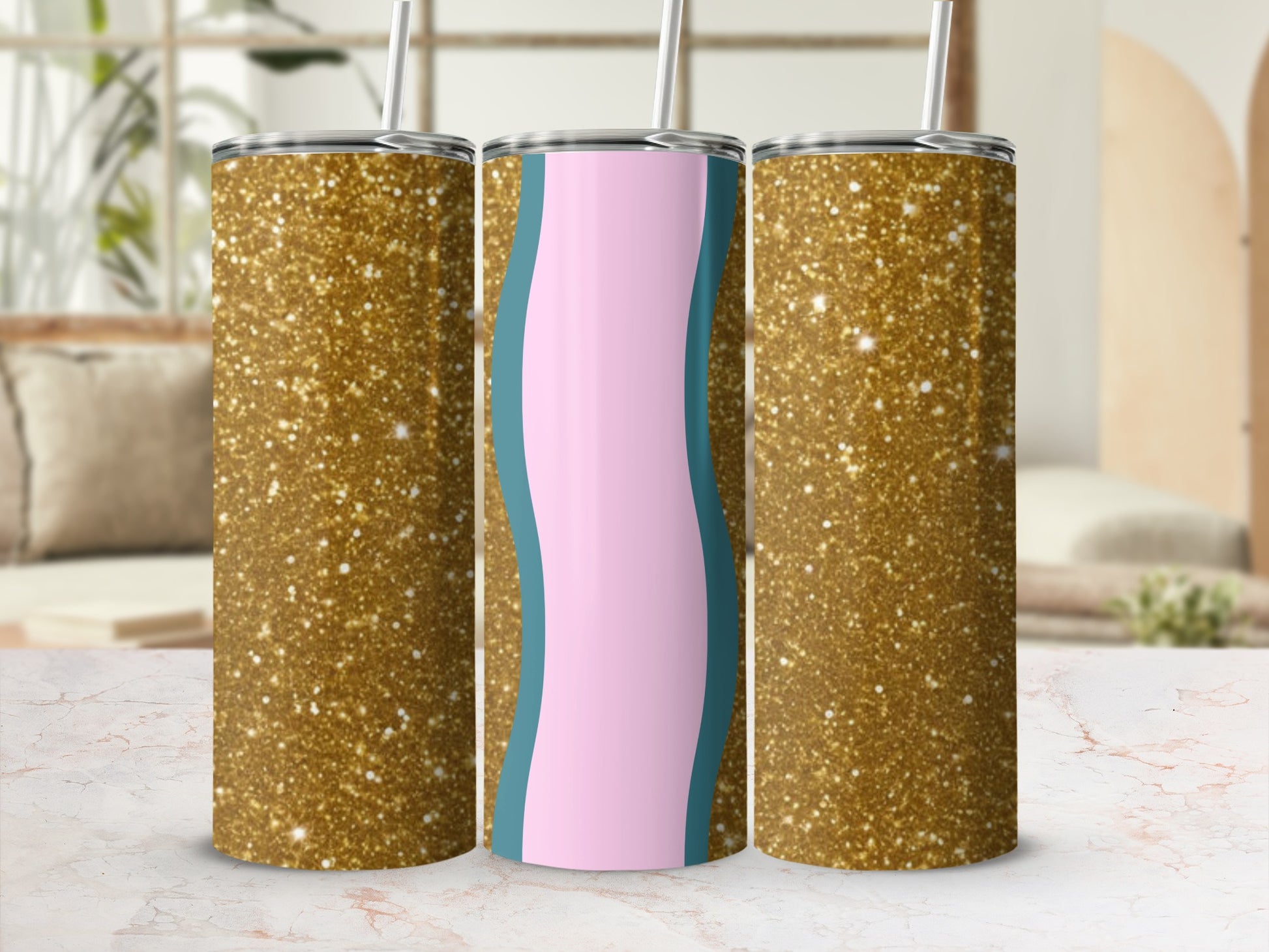 Glitter tumbler with pink and teal wave design, on marble surface.