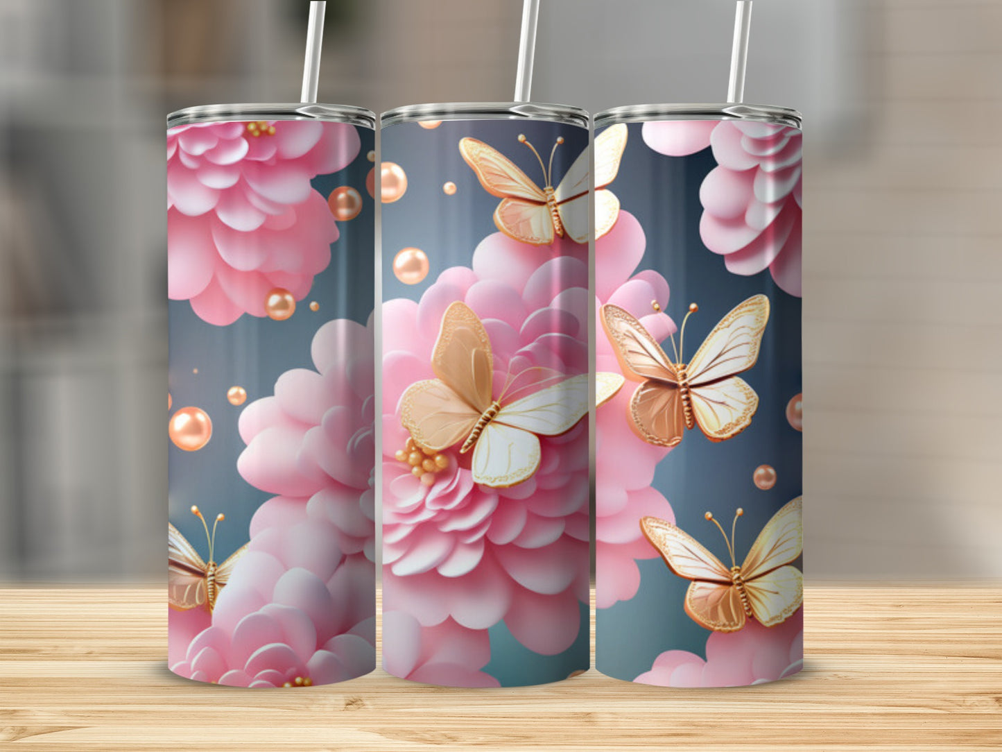 Pink floral pattern with butterflies and pearls on a tall tumbler.