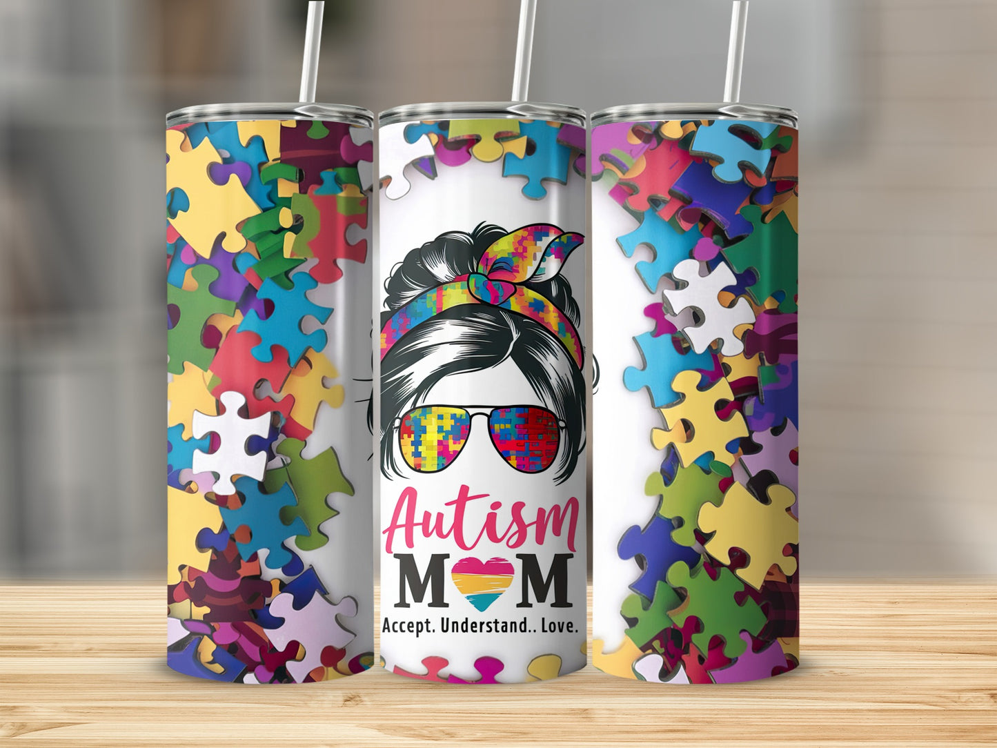 Autism Mom tumbler with puzzle pieces and sunglasses.