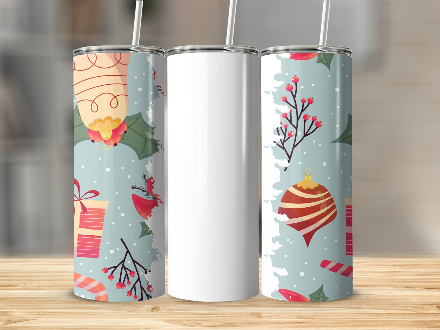 Festive Holiday Themed Tall Tumbler with Straw