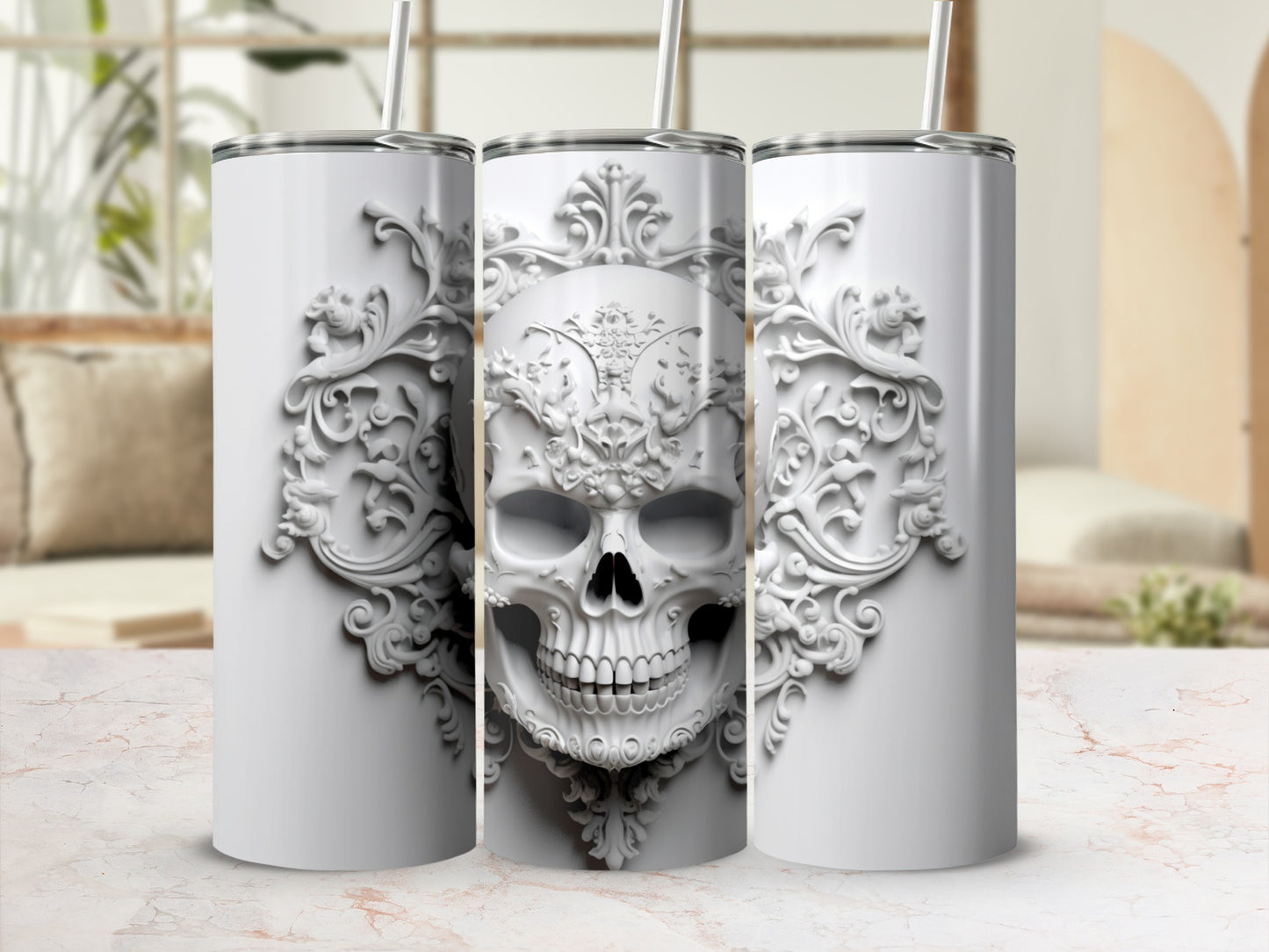 White tumbler with ornate skull design and decorative scrollwork.
