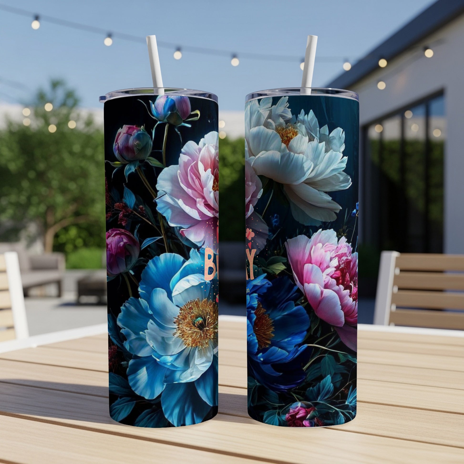 Two tall tumblers with vibrant pink and blue peony designs.