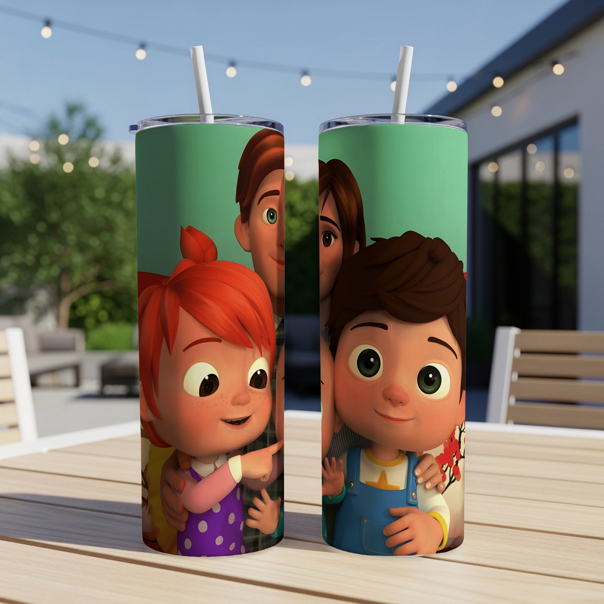 Two Cocomelon characters on a skinny tumbler with a straw.