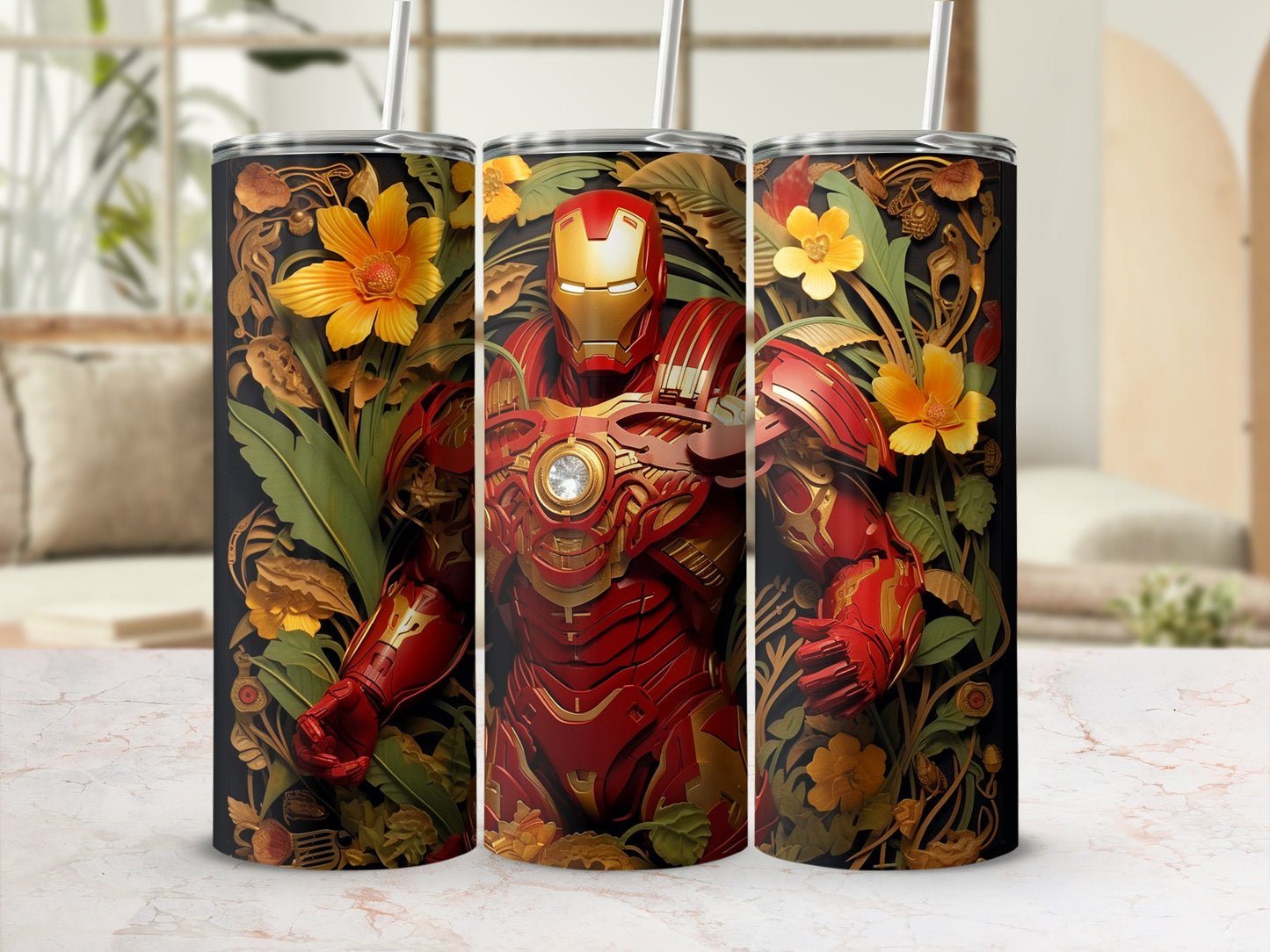 Iron Man Floral Design Stainless Steel Tumbler