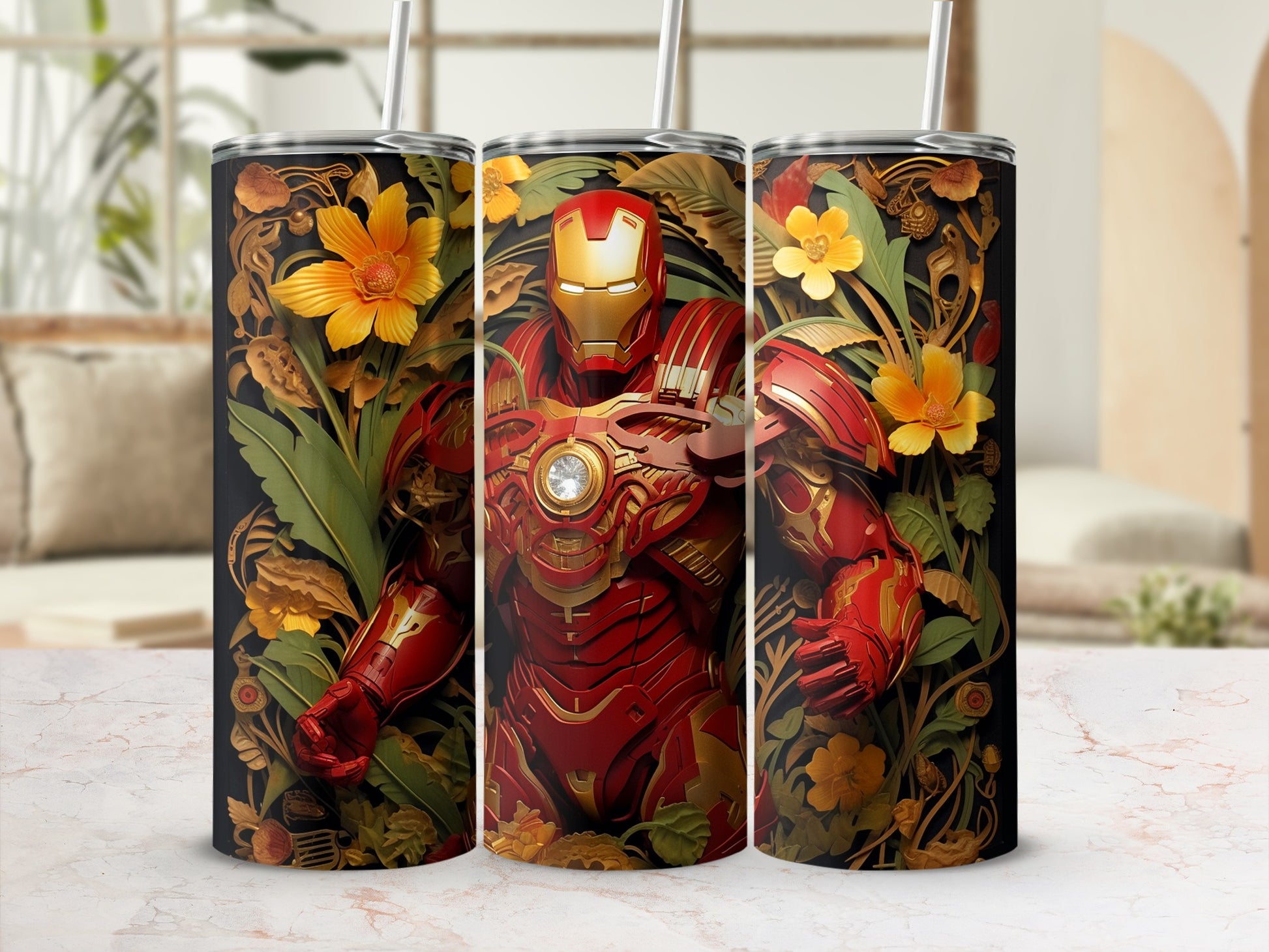 Iron Man Floral Design Stainless Steel Tumbler