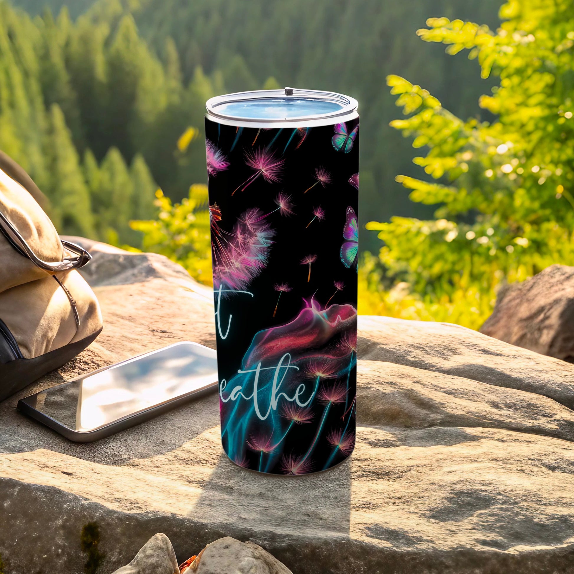 Breathe Dandelion Butterfly Design Travel Tumbler
