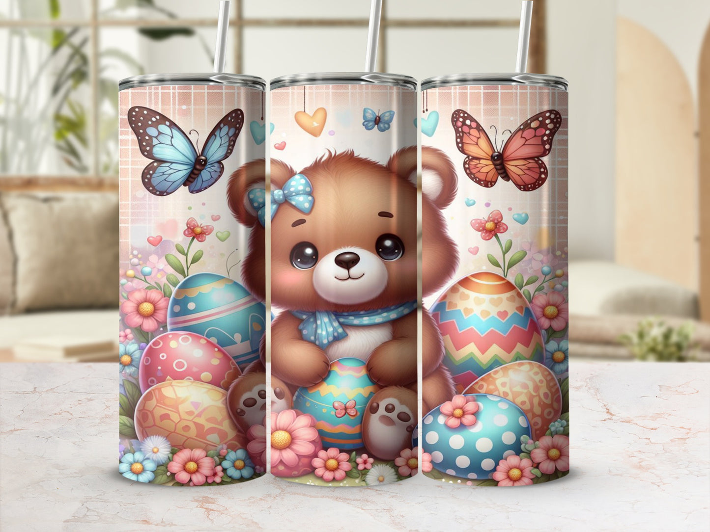 Cute teddy bear with butterflies and Easter eggs, pastel colors.