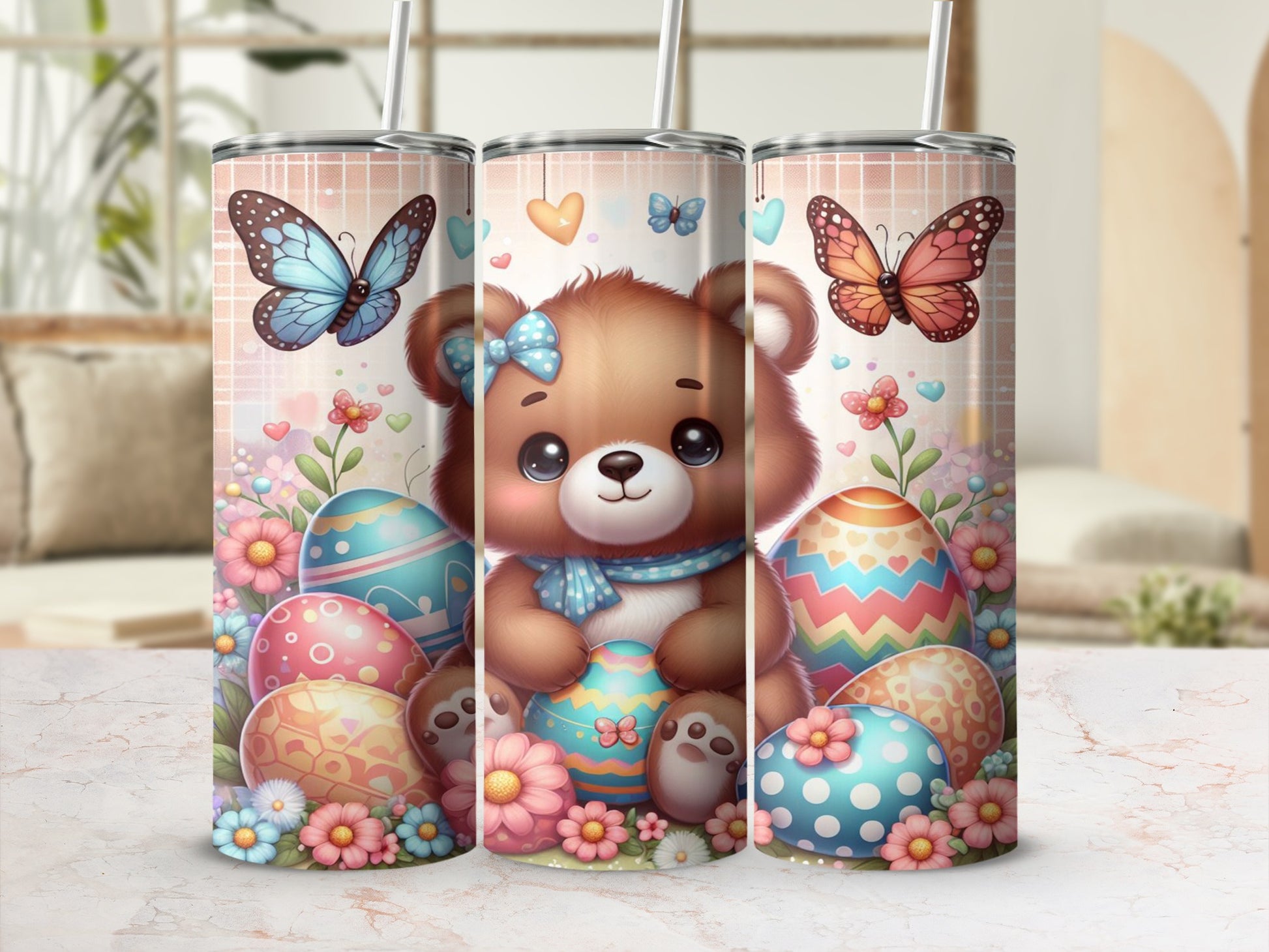 Cute teddy bear with butterflies and Easter eggs, pastel colors.