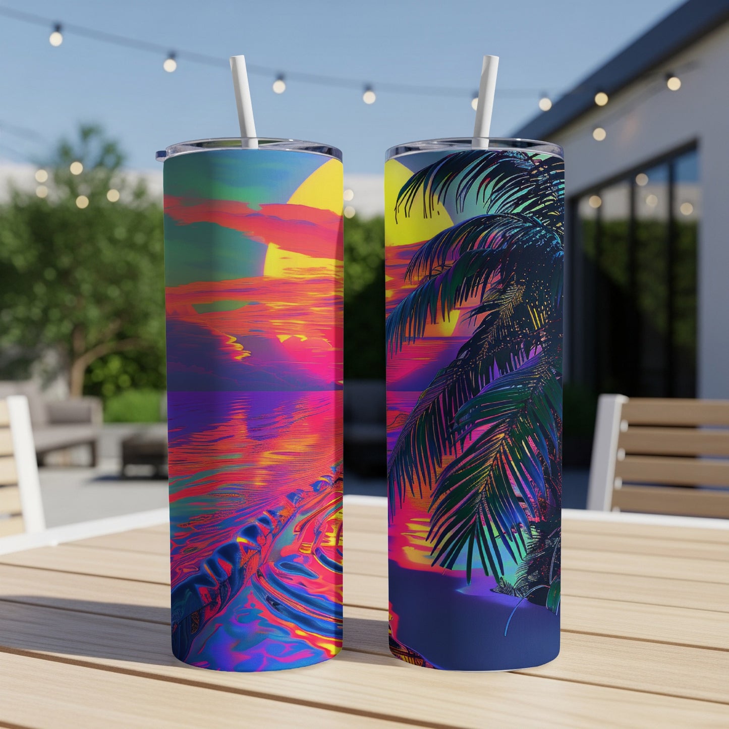 Two tumblers with a vibrant retro sunset beach scene design.