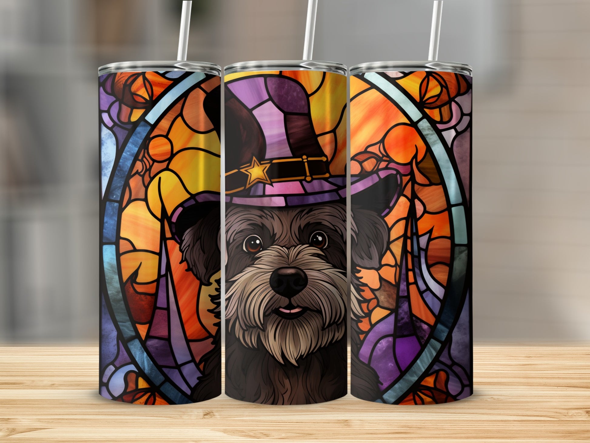 Stained glass terrier wearing a wizard hat on three tumblers.