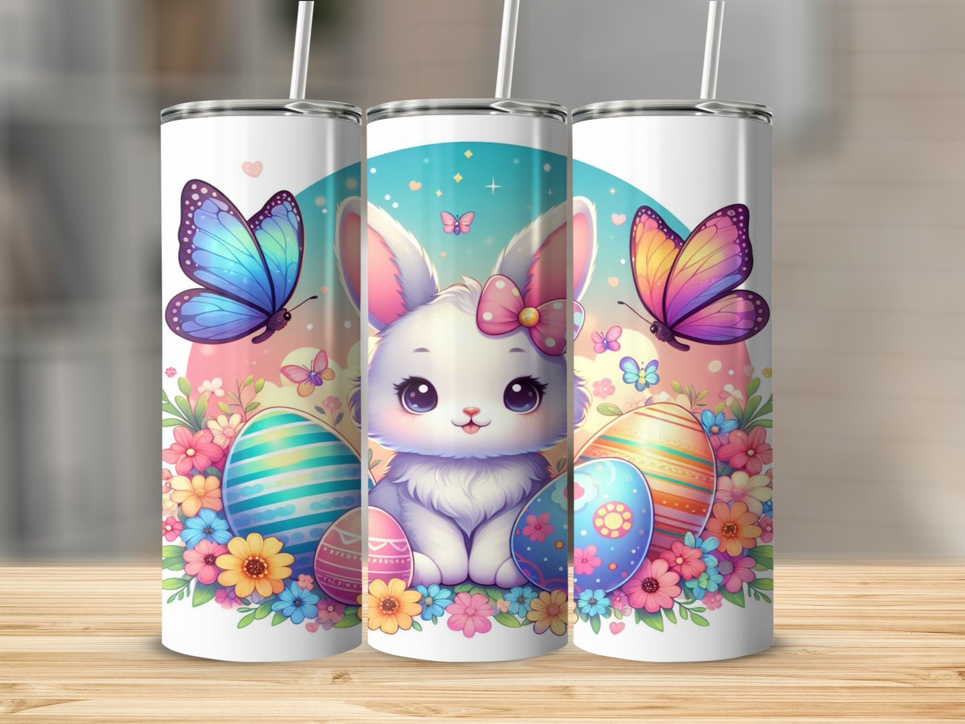 Easter bunny with colorful eggs and butterflies on a wooden surface.