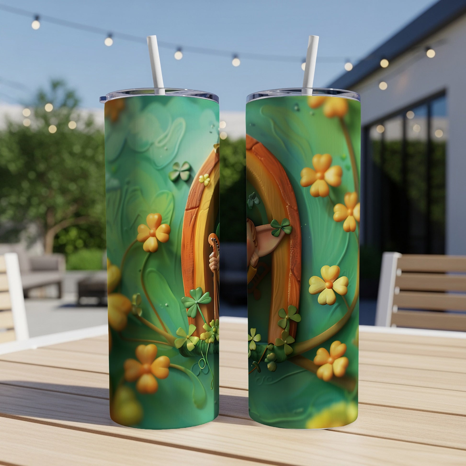 Two green tumblers with shamrocks and a leprechaun peeking from a rainbow door.
