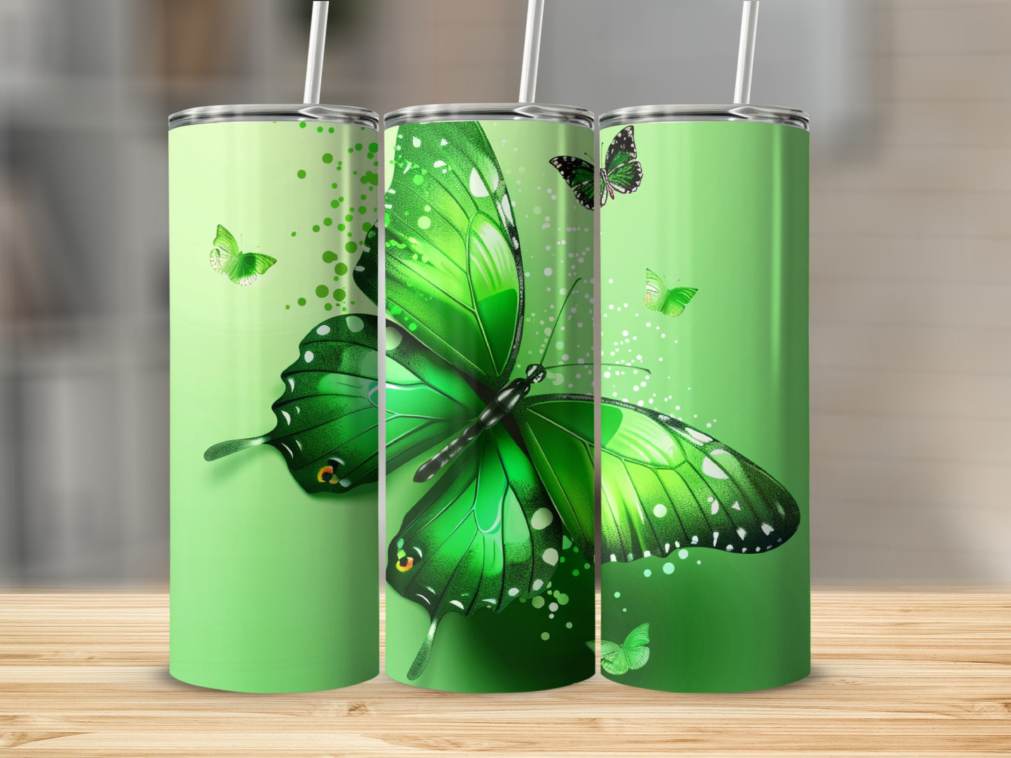 Green butterfly tumbler with swirling green accents and smaller butterflies.