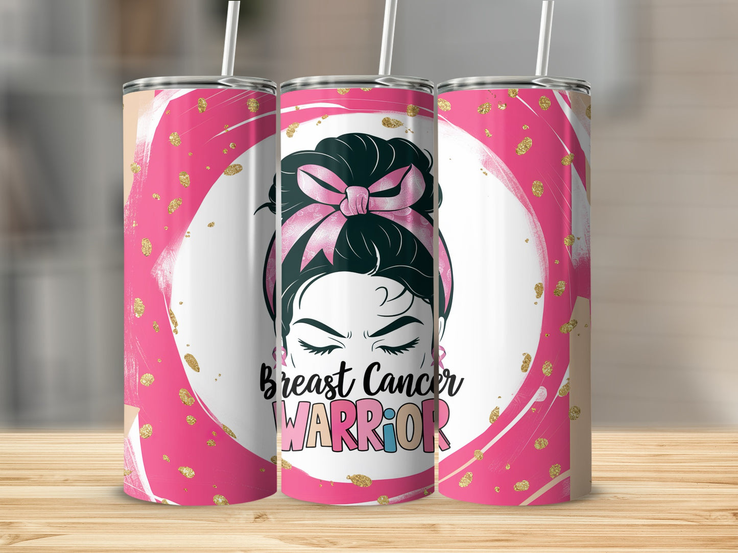 Three pink and gold tumblers with a breast cancer warrior graphic.