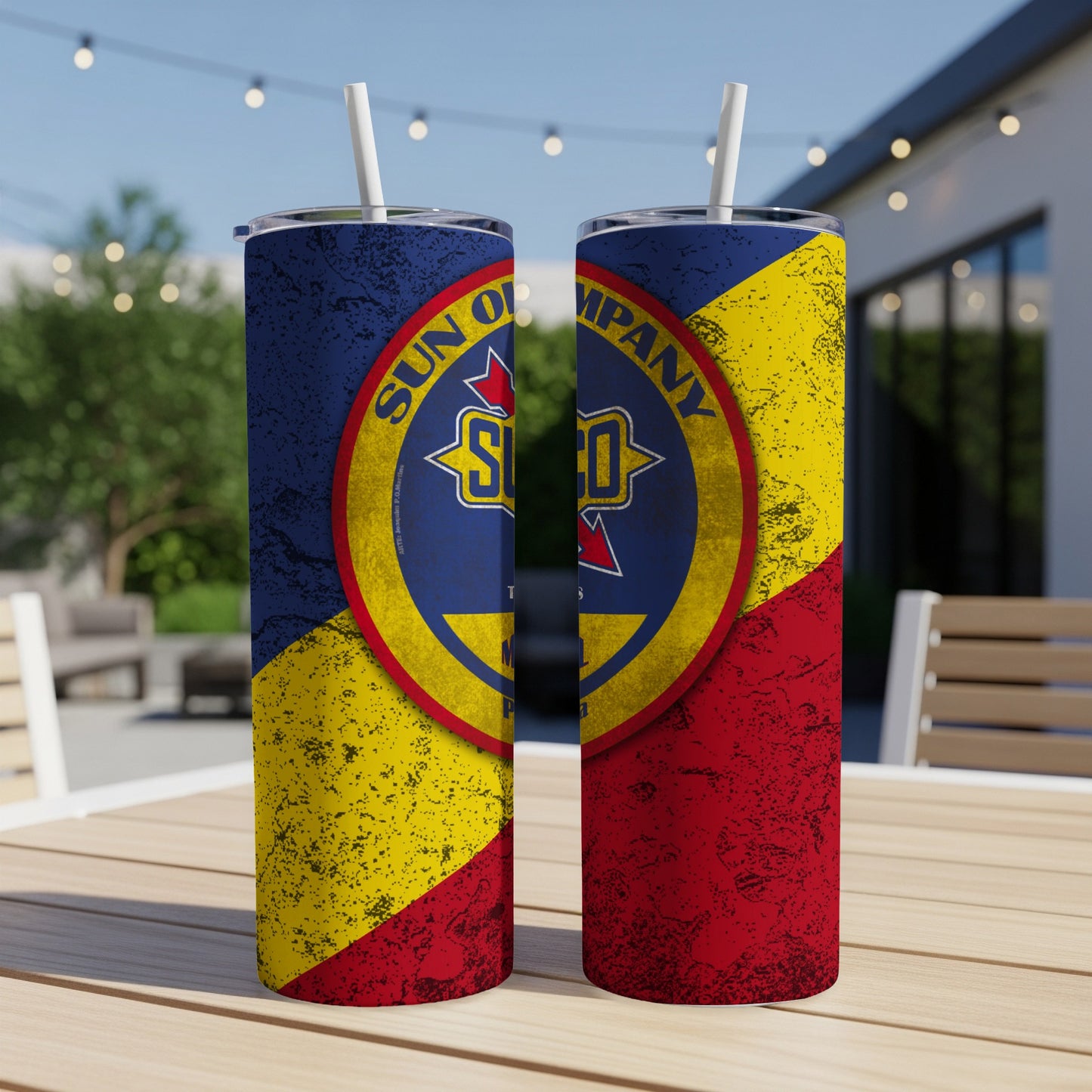 Two tumblers with a distressed Sunoco logo on a textured red and yellow background.