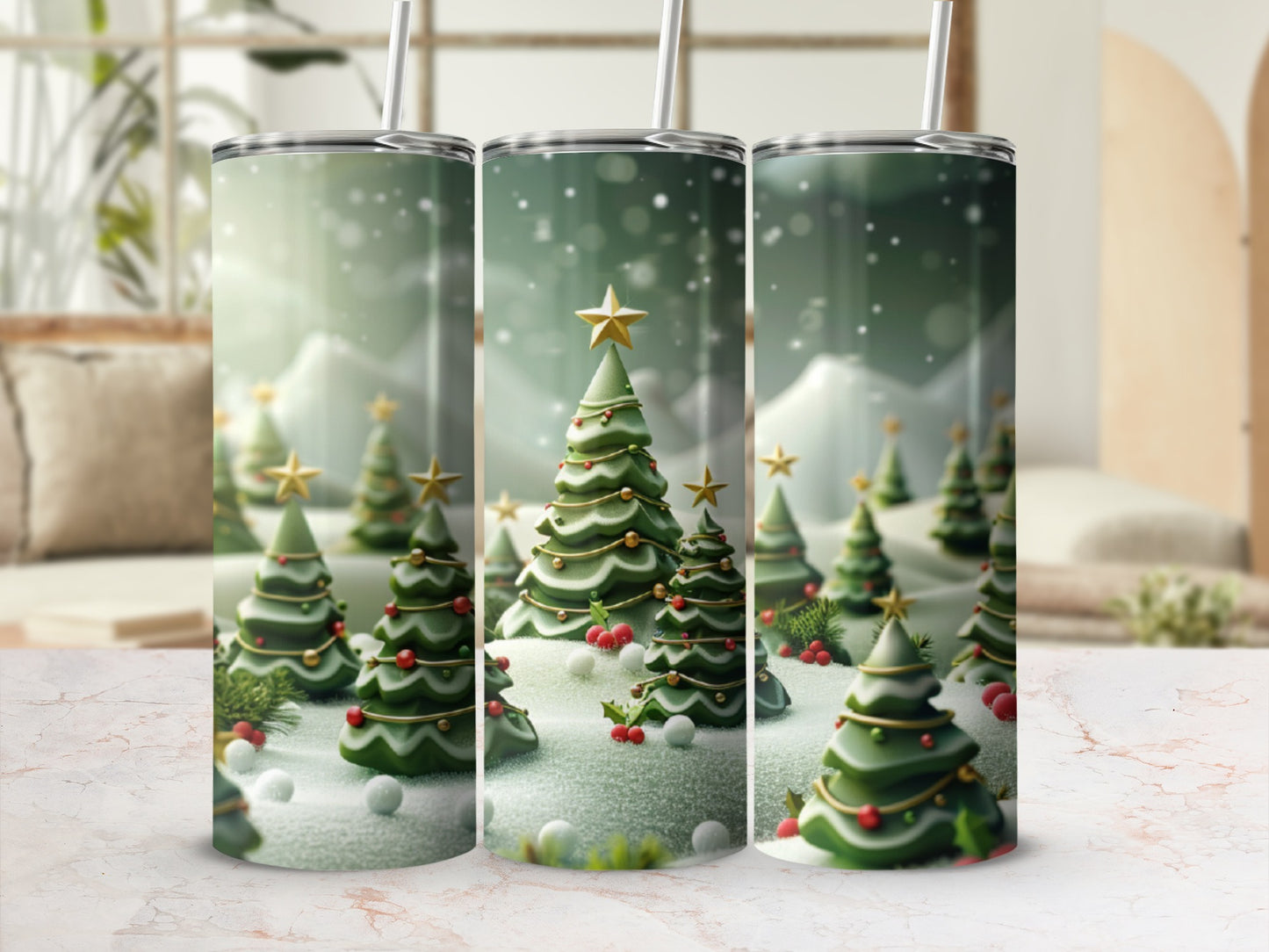 Christmas trees with gold stars in snowy landscape, festive holiday design.