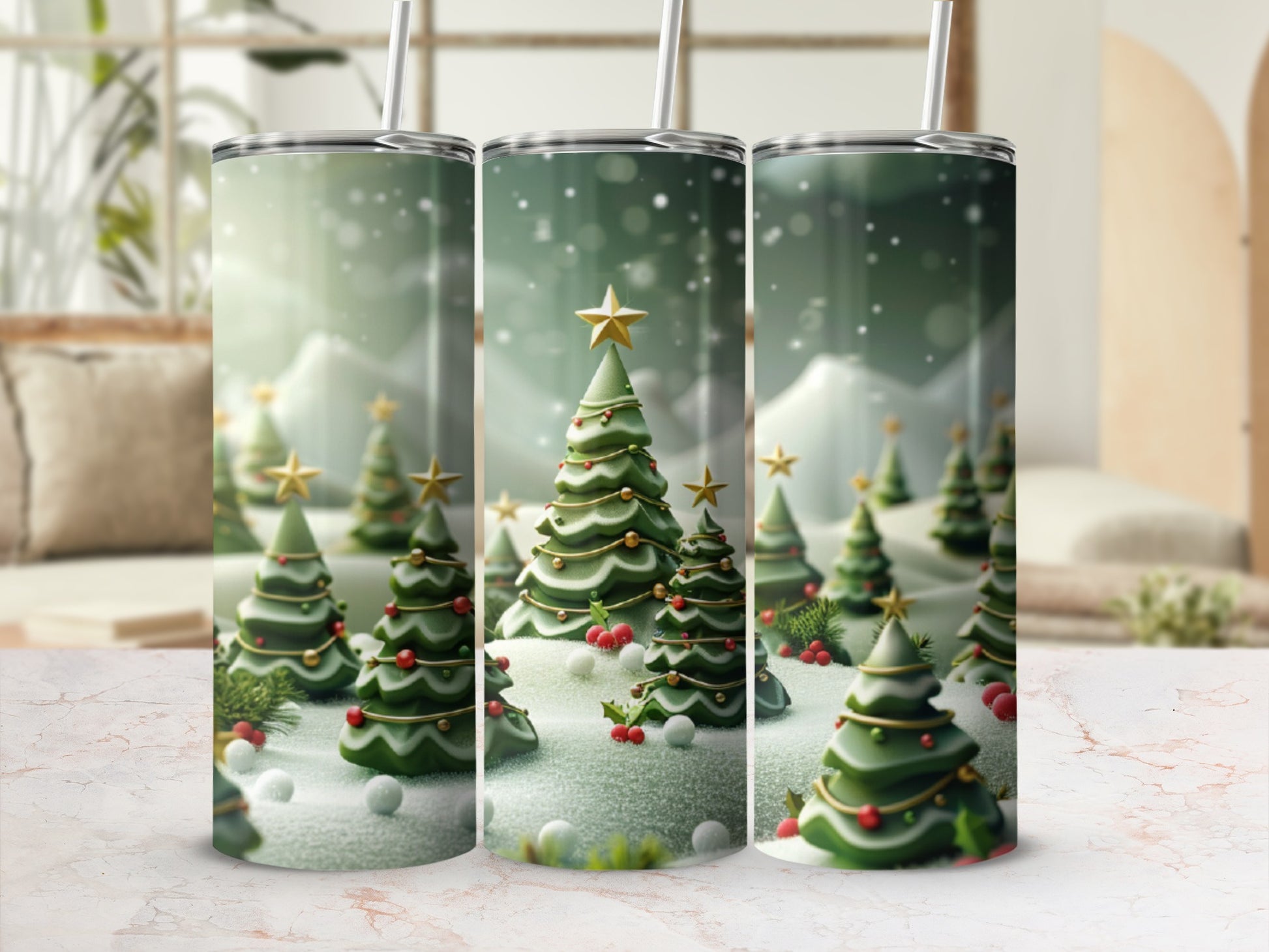 Christmas trees with gold stars in snowy landscape, festive holiday design.