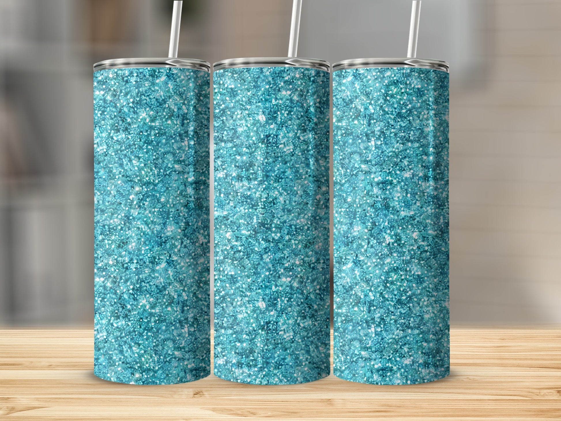 Sparkling Blue Glitter Design Tumbler Set