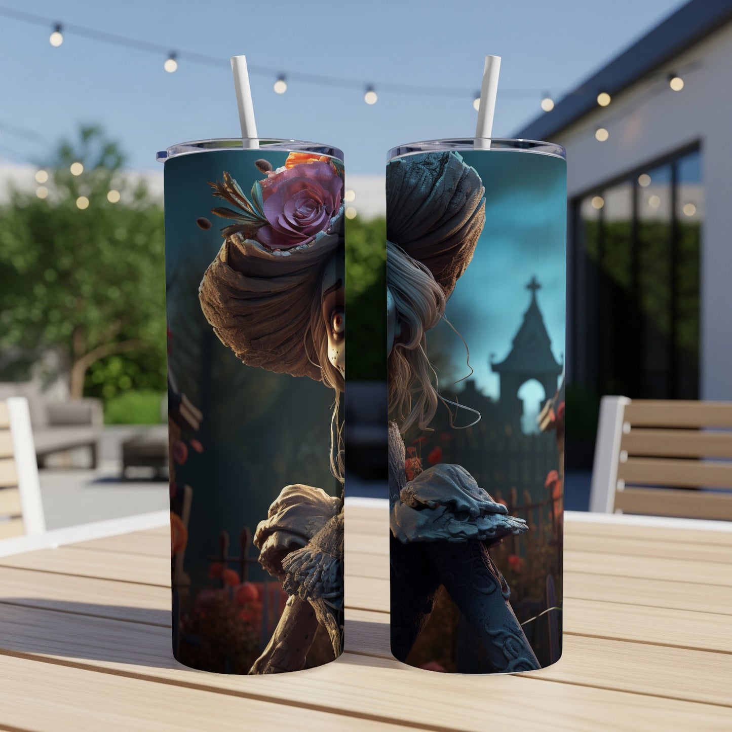 Two tumblers with a gothic floral design featuring a skeleton, roses, and a spooky graveyard.