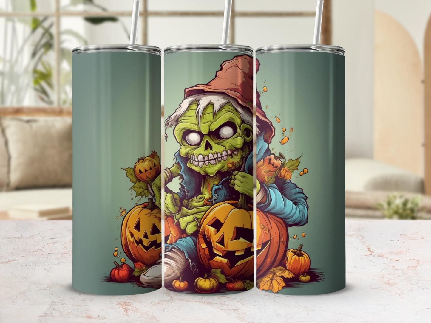 Halloween zombie character surrounded by pumpkins and autumn leaves on a tumbler.
